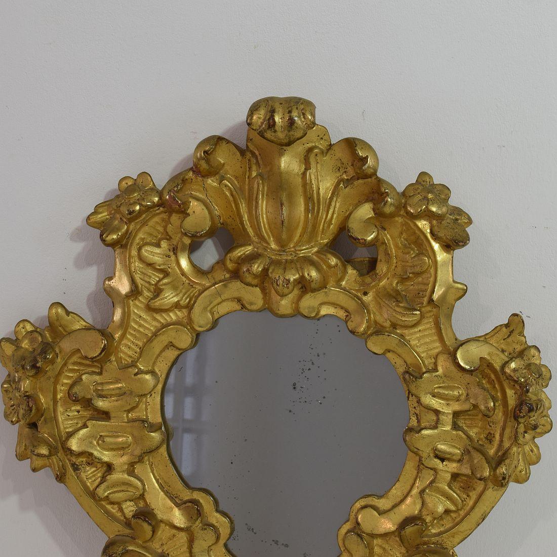 Hand-Carved Pair of Small 18th Century, Italian Carved Giltwood Baroque Mirrors