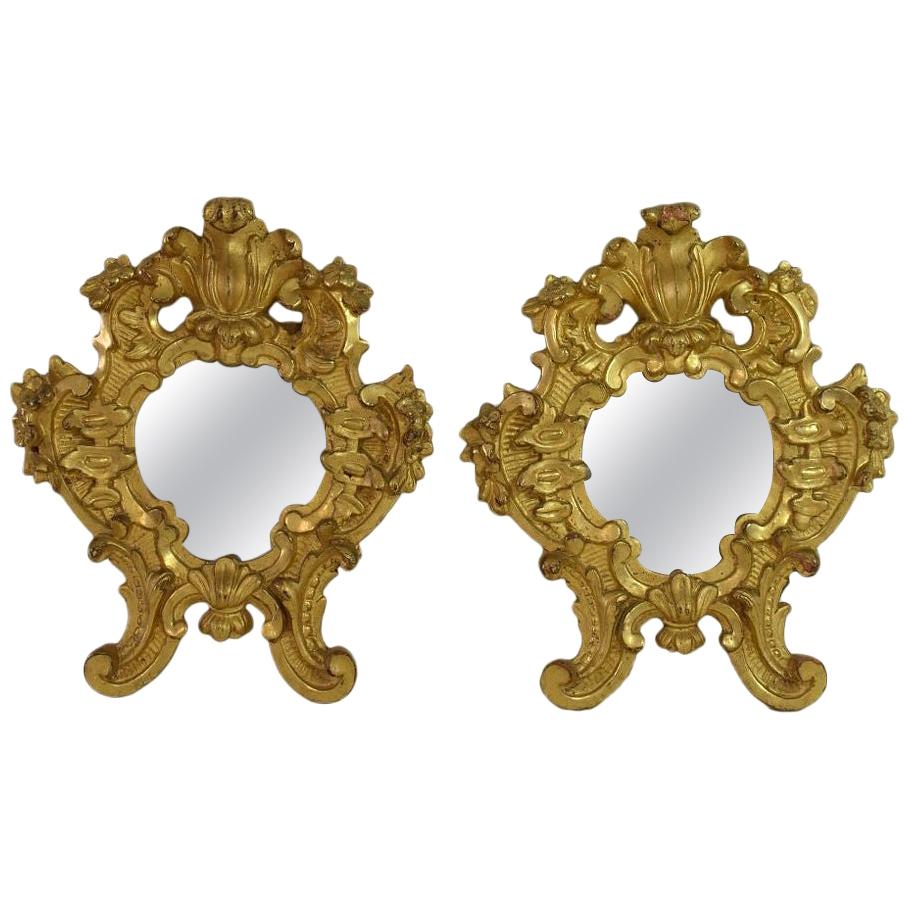 Pair of Small 18th Century, Italian Carved Giltwood Baroque Mirrors