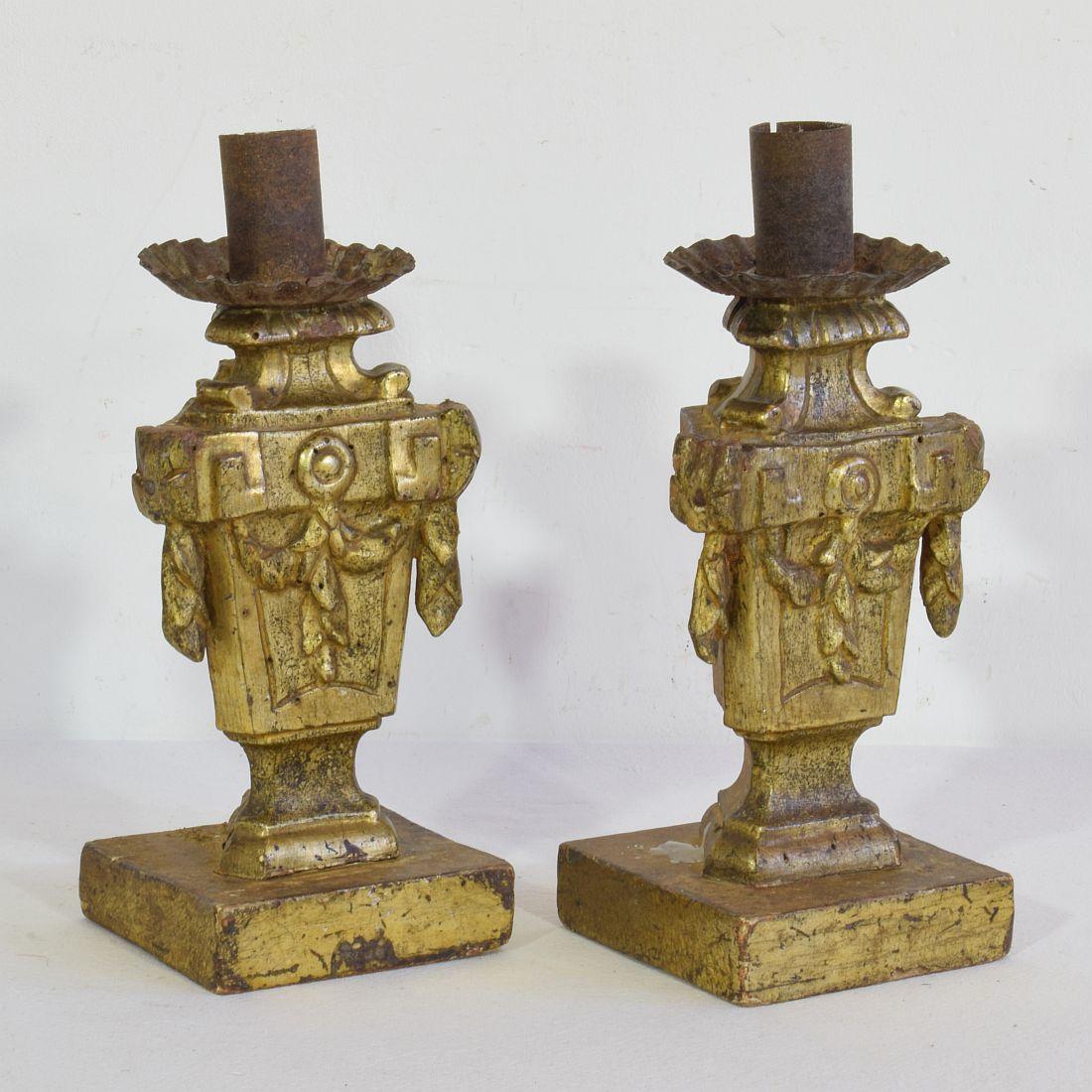 Wood Pair of Small 18th Century Italian Neoclassical Candleholders / Candlesticks For Sale