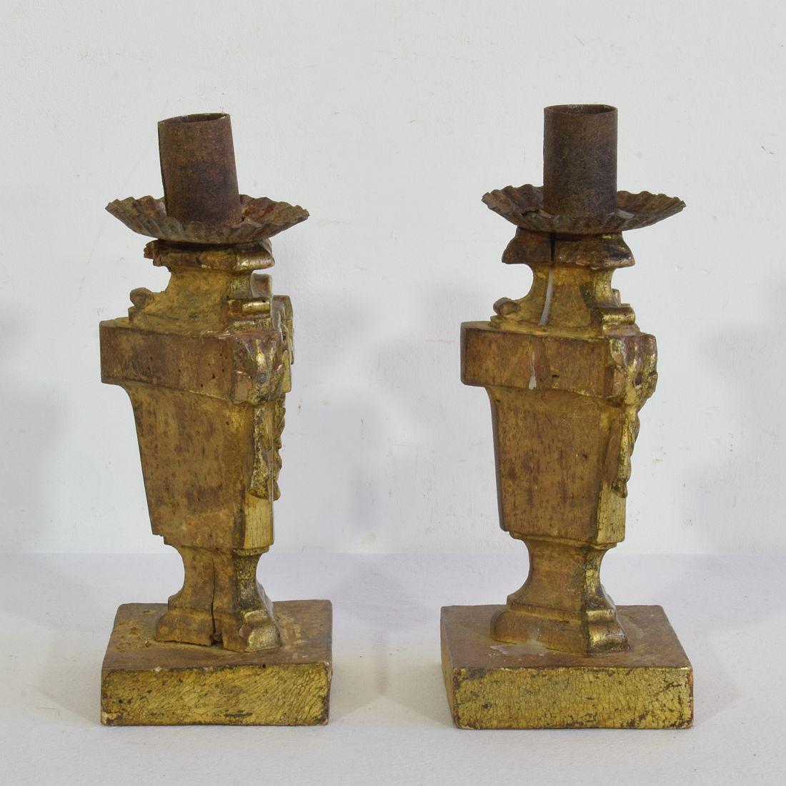 Wood Pair of Small 18th Century Italian Neoclassical Candleholders / Candlesticks For Sale