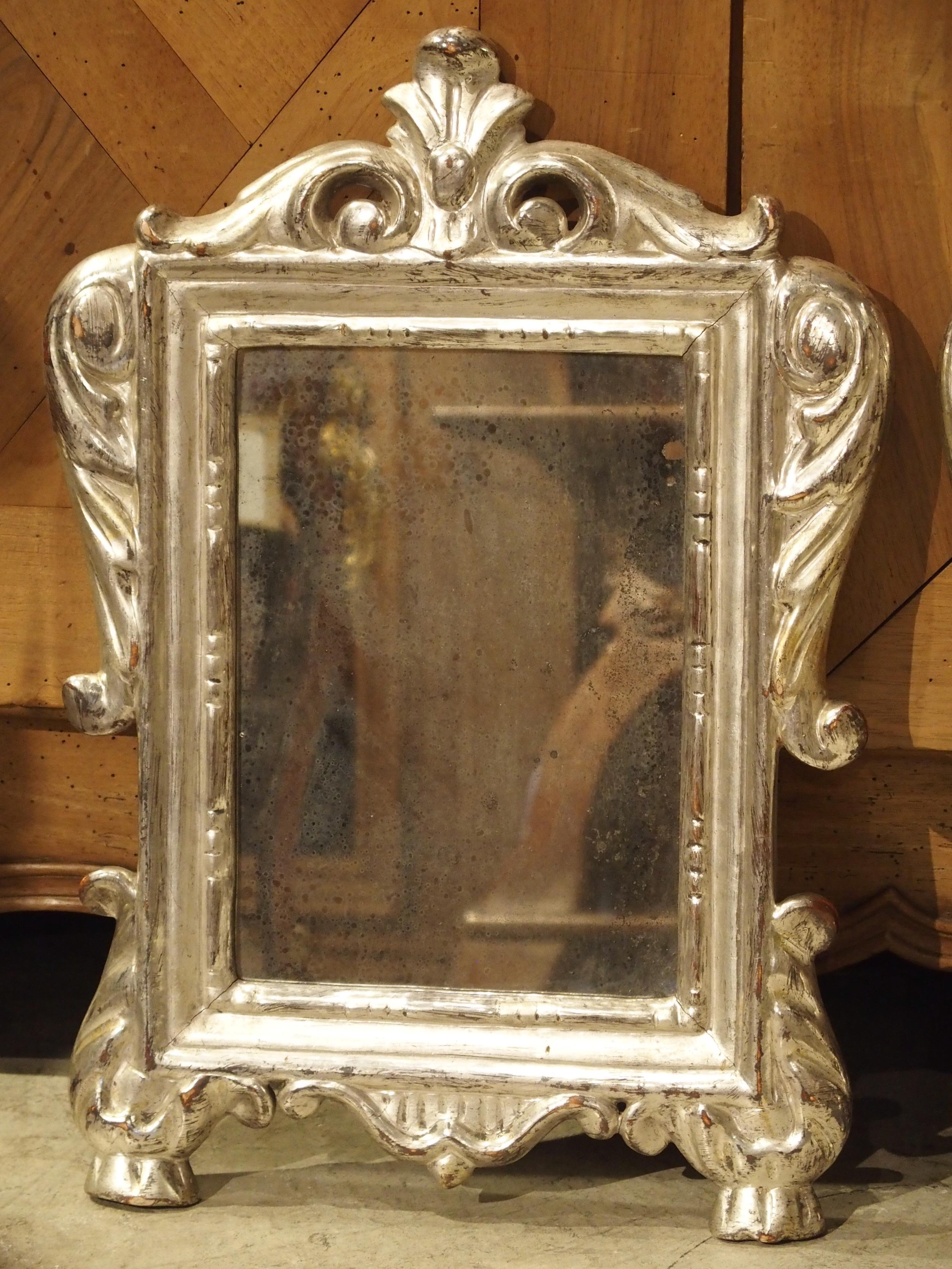 Silvered Pair of Small 18th Century Silverleaf Mirrors from Italy For Sale