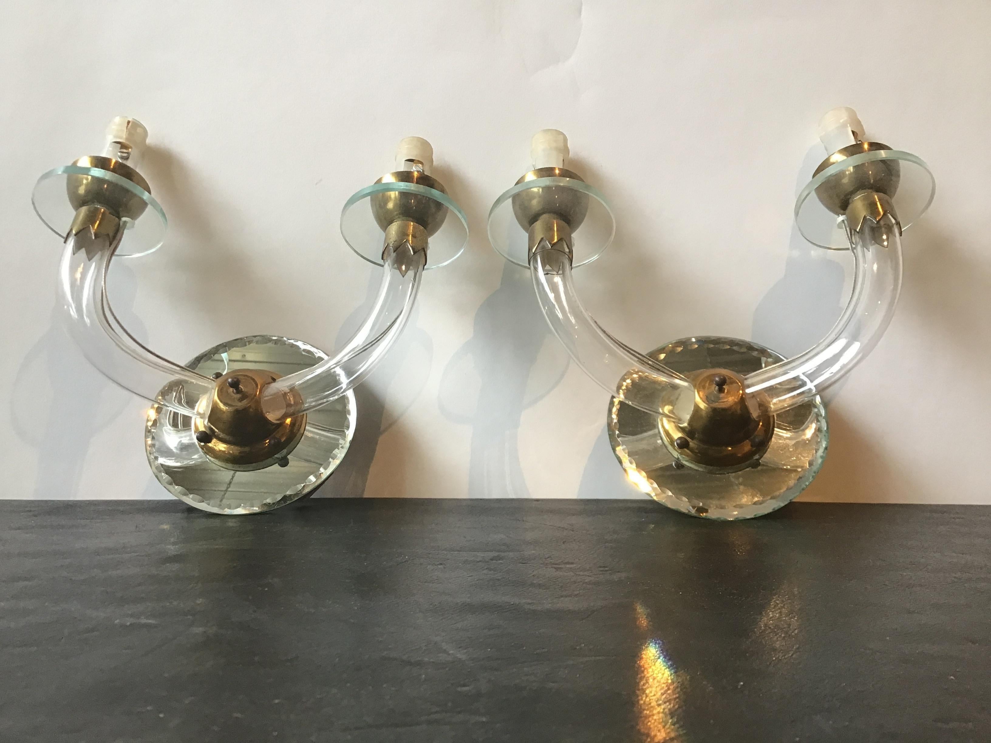 Mid-20th Century Pair of Small 1940s French Mirrored Back Sconces with Glass Arms