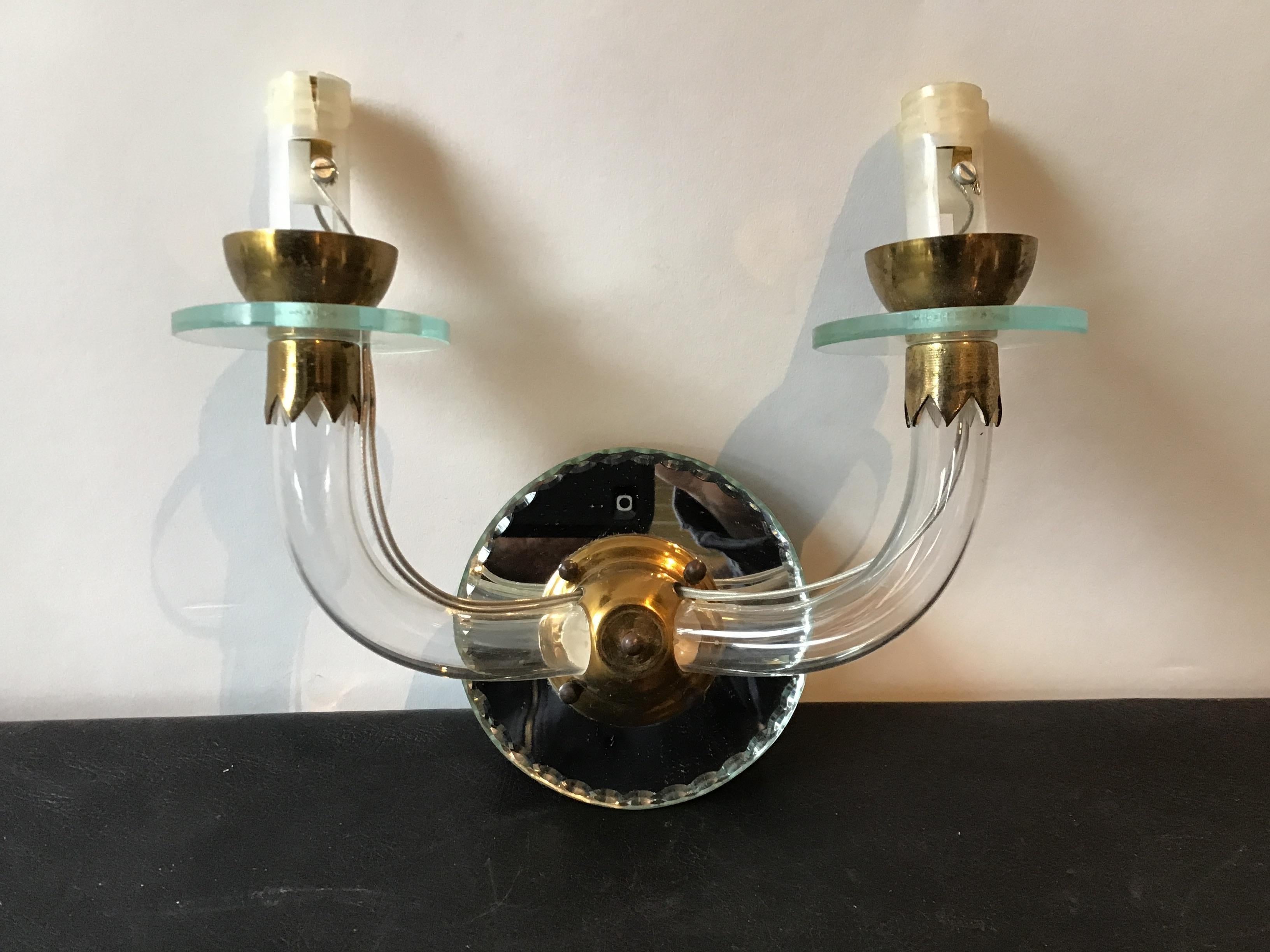 Pair of Small 1940s French Mirrored Back Sconces with Glass Arms 1