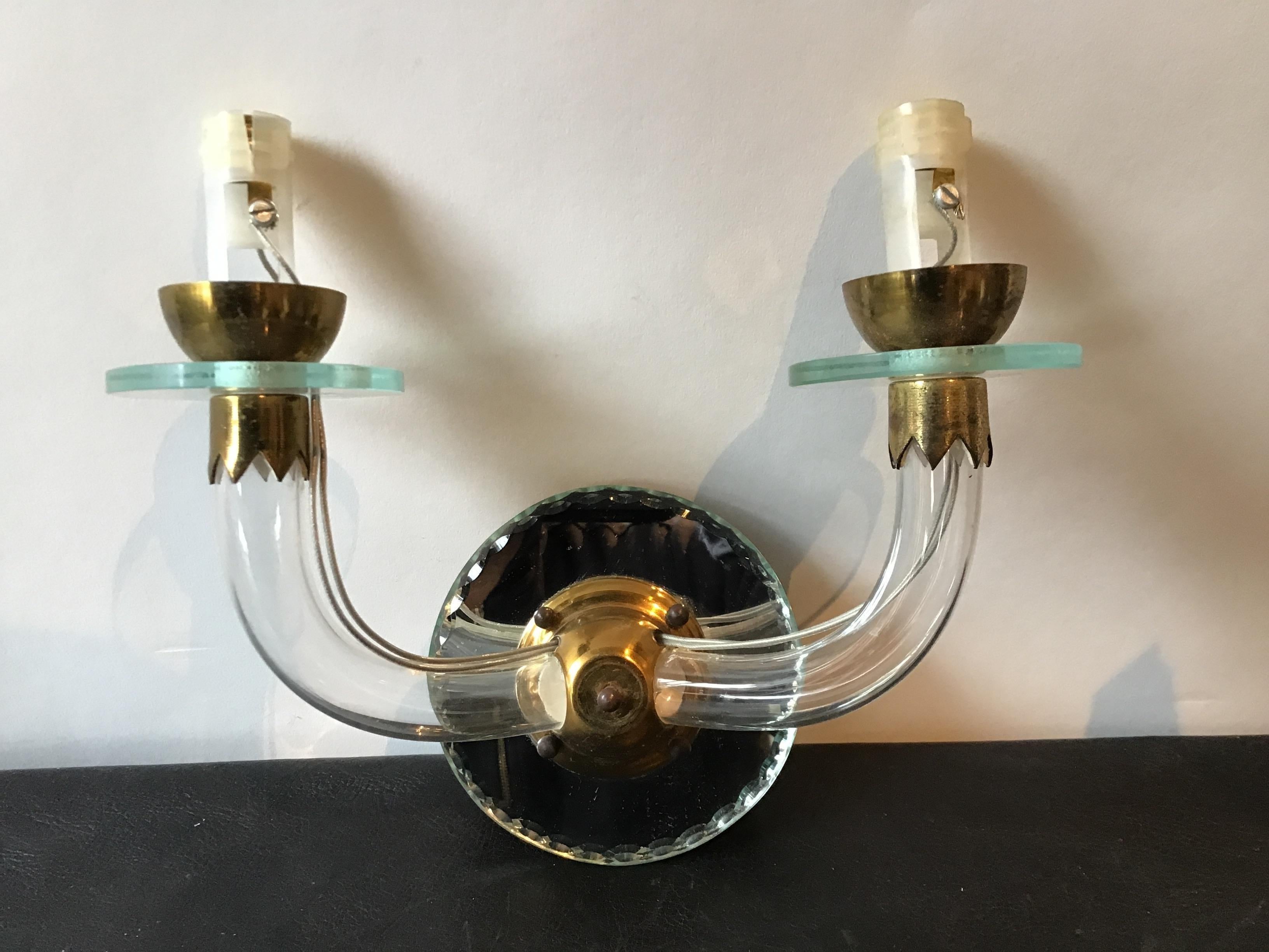 Pair of Small 1940s French Mirrored Back Sconces with Glass Arms 2