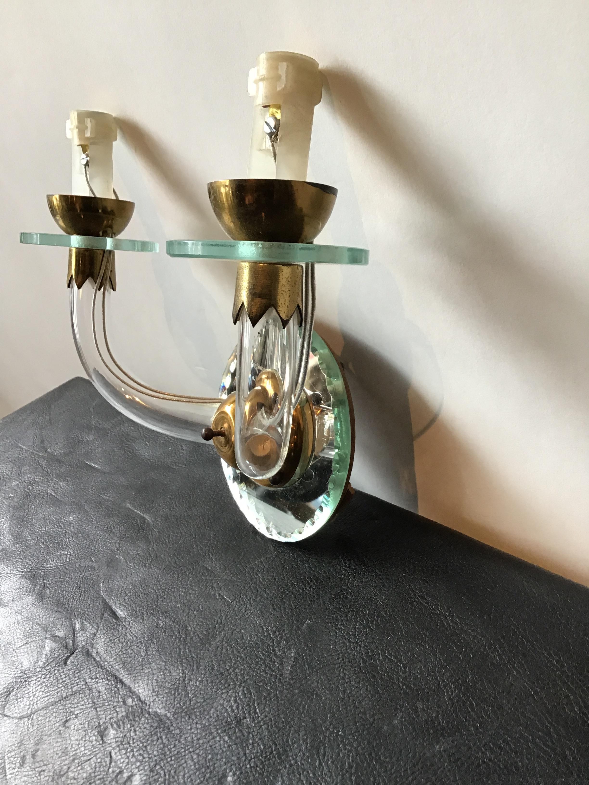 Pair of Small 1940s French Mirrored Back Sconces with Glass Arms 3