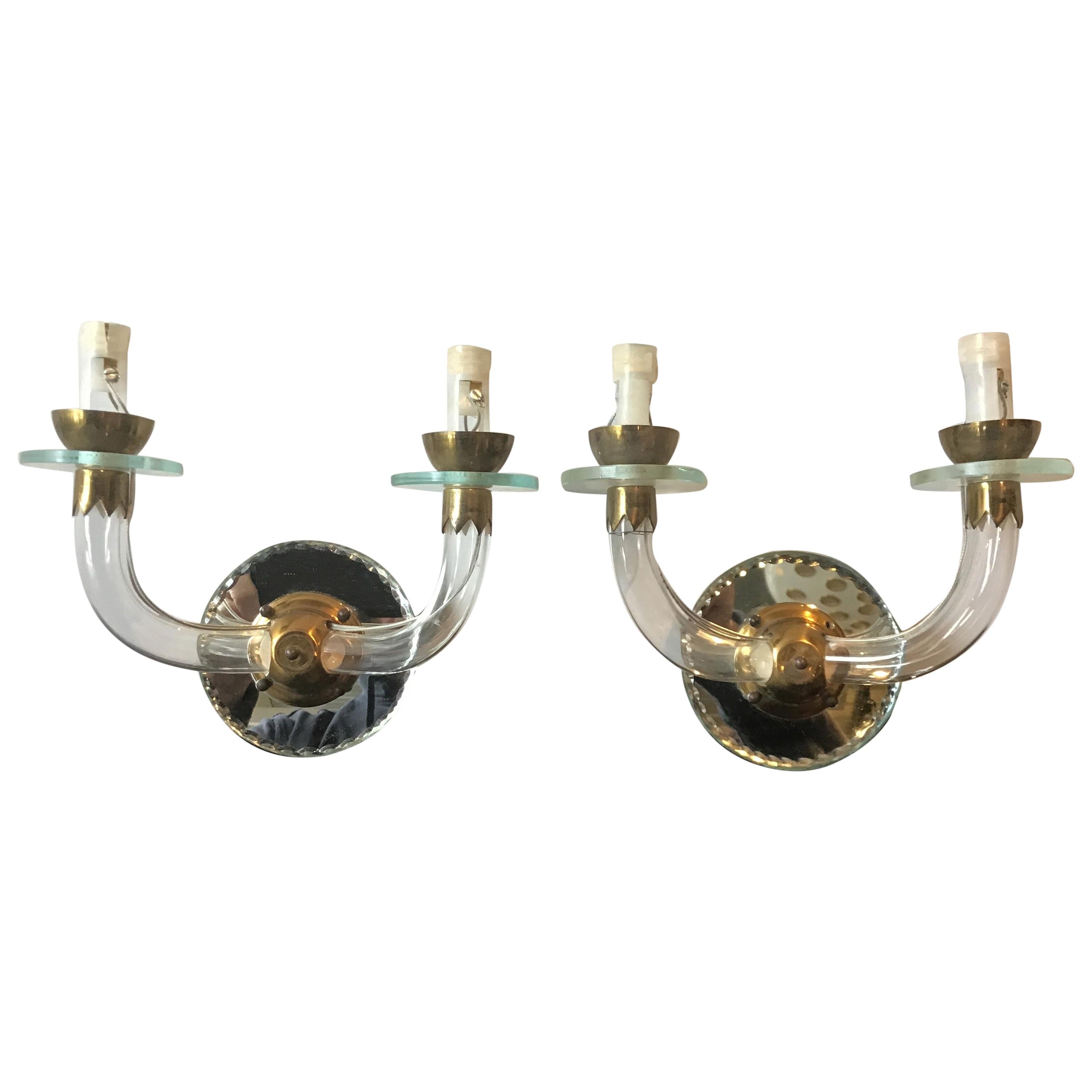 Pair of Small 1940s French Mirrored Back Sconces with Glass Arms