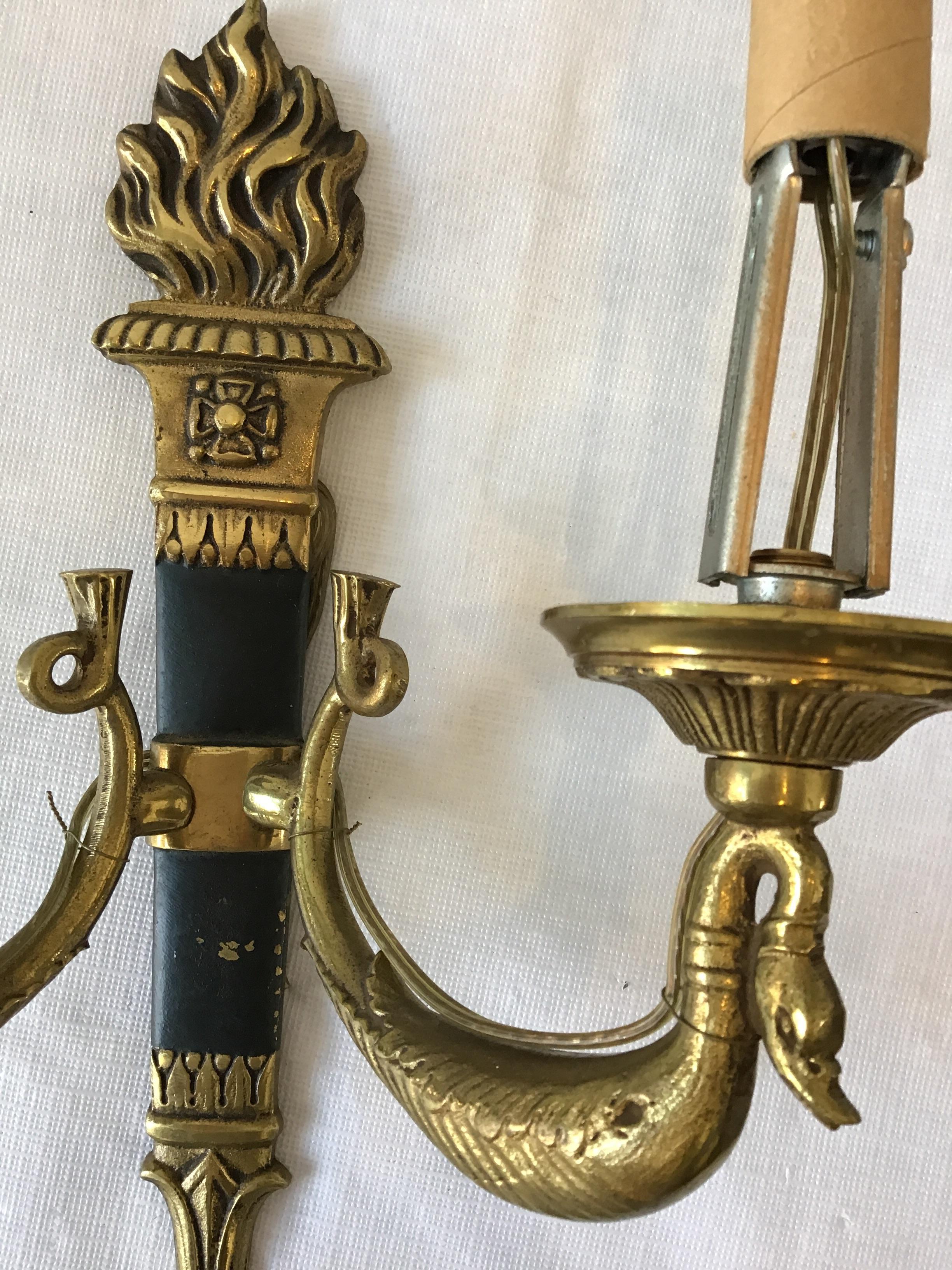 Mid-20th Century Pair of Small 1950s Brass Classical Swan Sconces