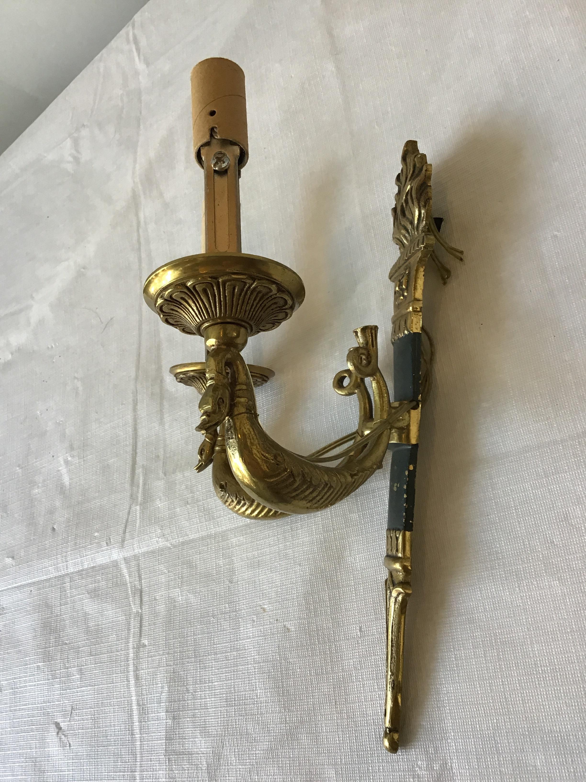 Pair of Small 1950s Brass Classical Swan Sconces 2