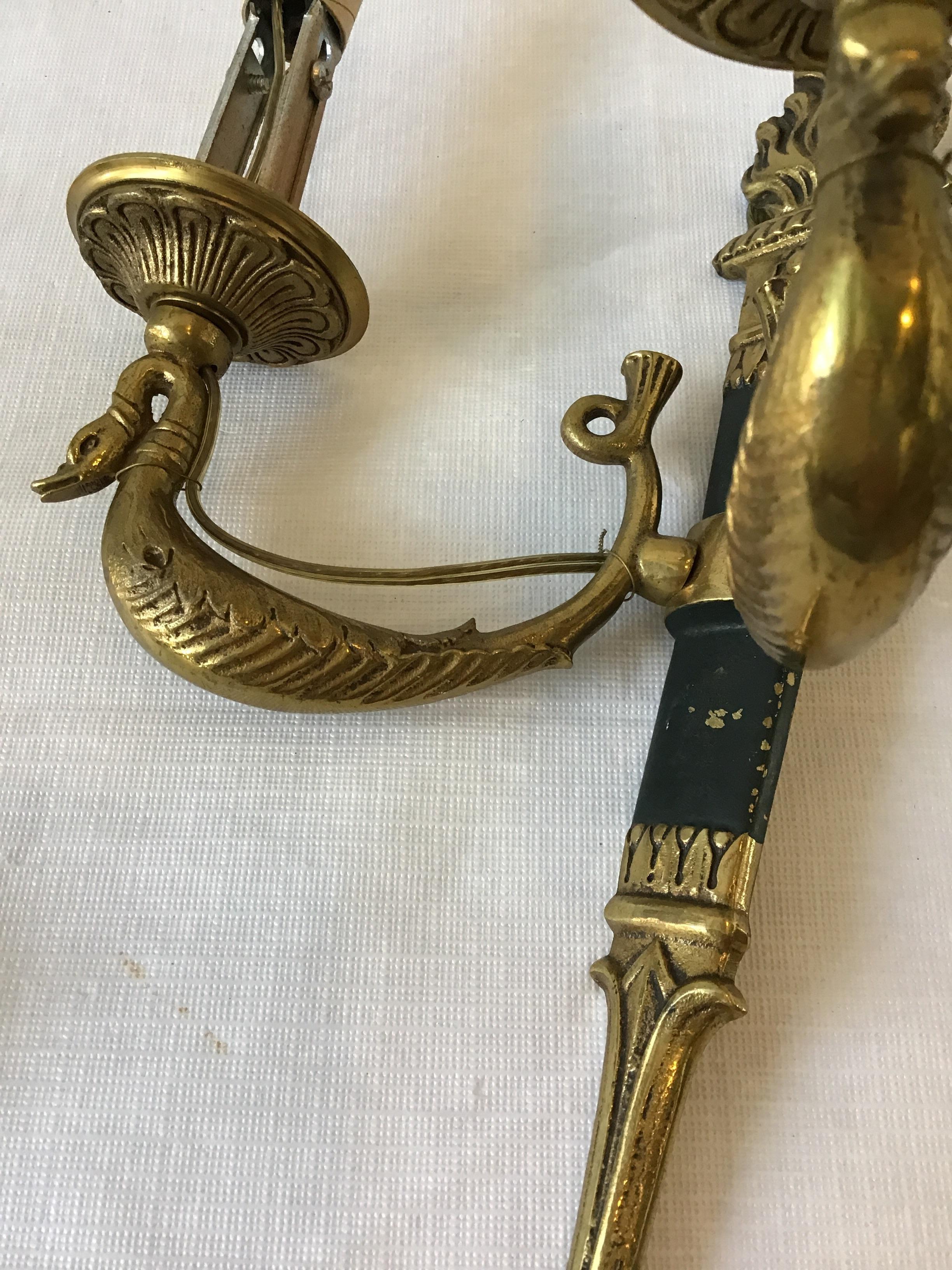 Pair of Small 1950s Brass Classical Swan Sconces 3