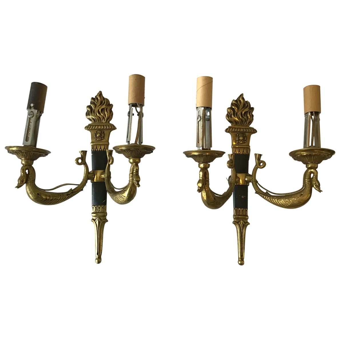 Pair of Small 1950s Brass Classical Swan Sconces
