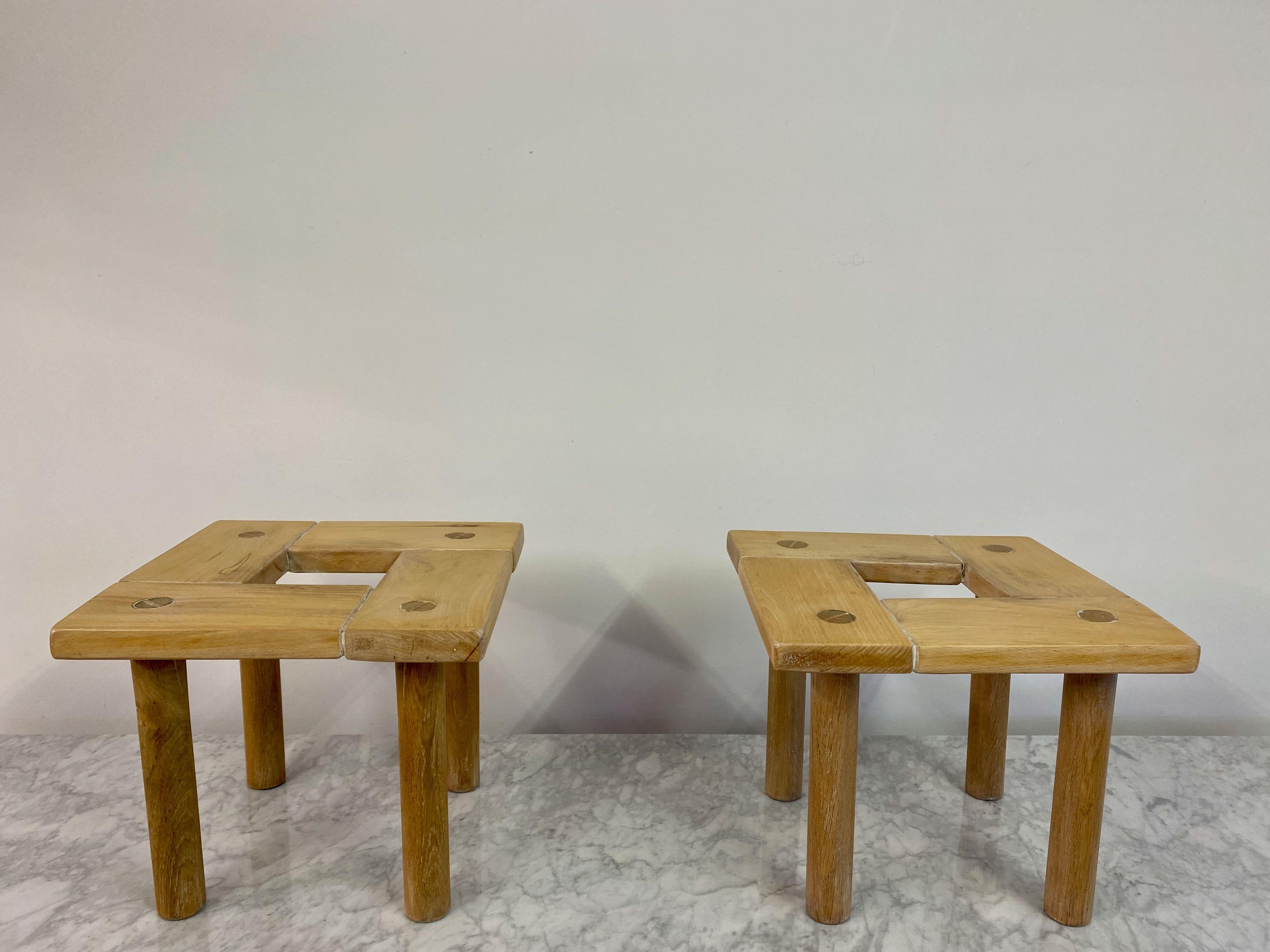 Pair of tables

Can be used as stools too

Beech tops and oak legs

Reminiscent of Lisa Johansson-Pape.
      