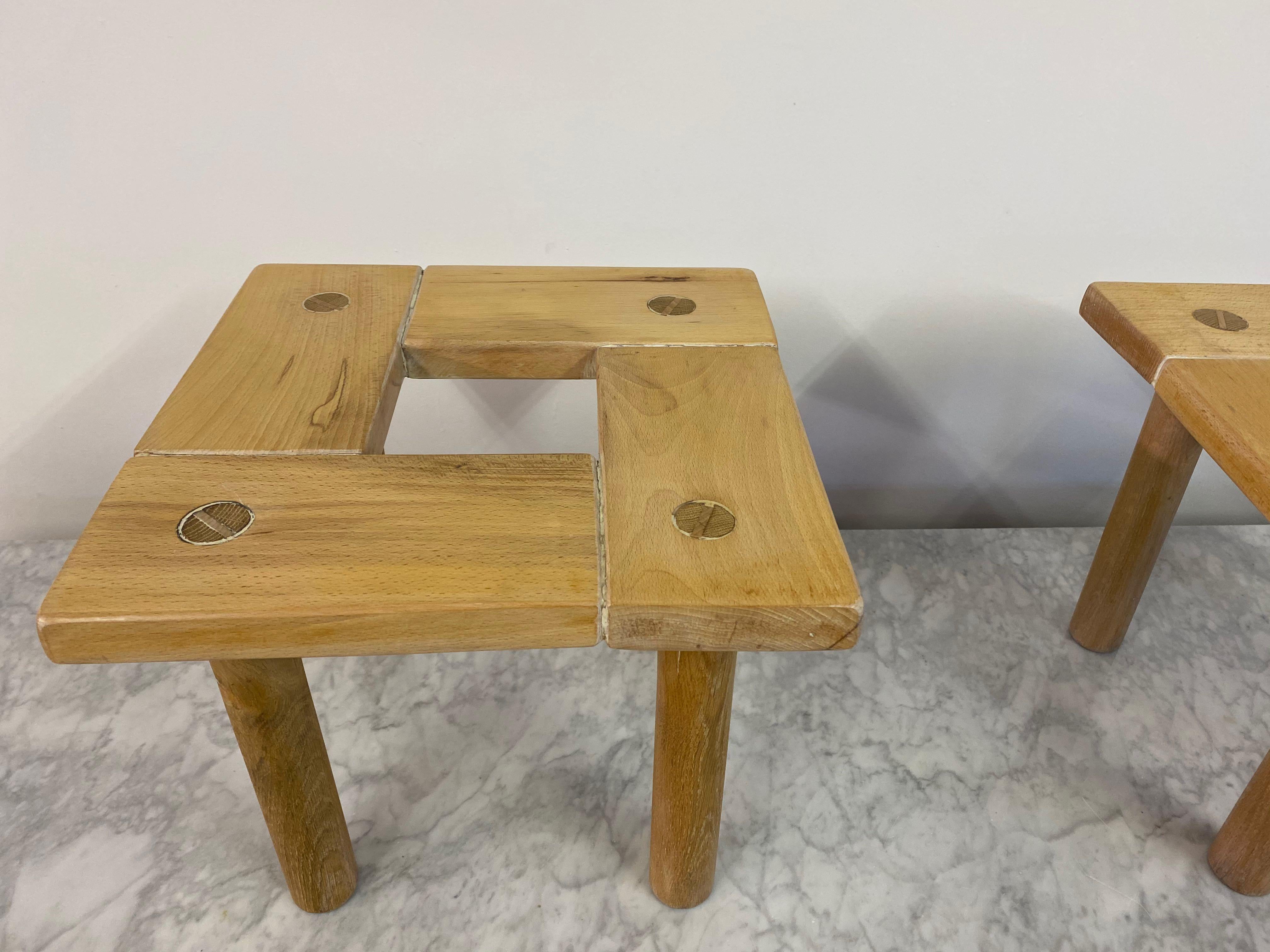 Mid-Century Modern Pair of Small 1970s Beech and Oak Tables or Stools