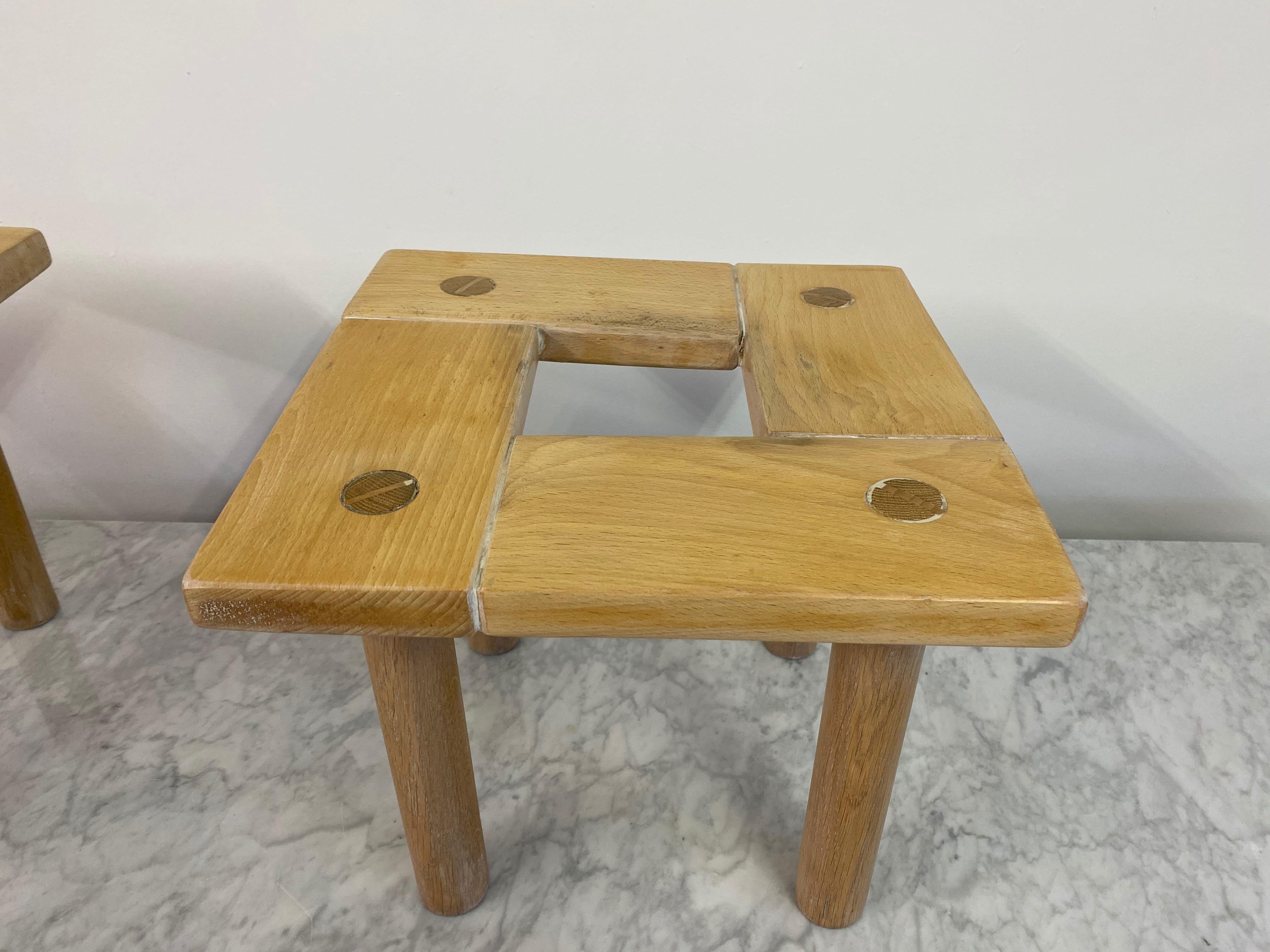 European Pair of Small 1970s Beech and Oak Tables or Stools