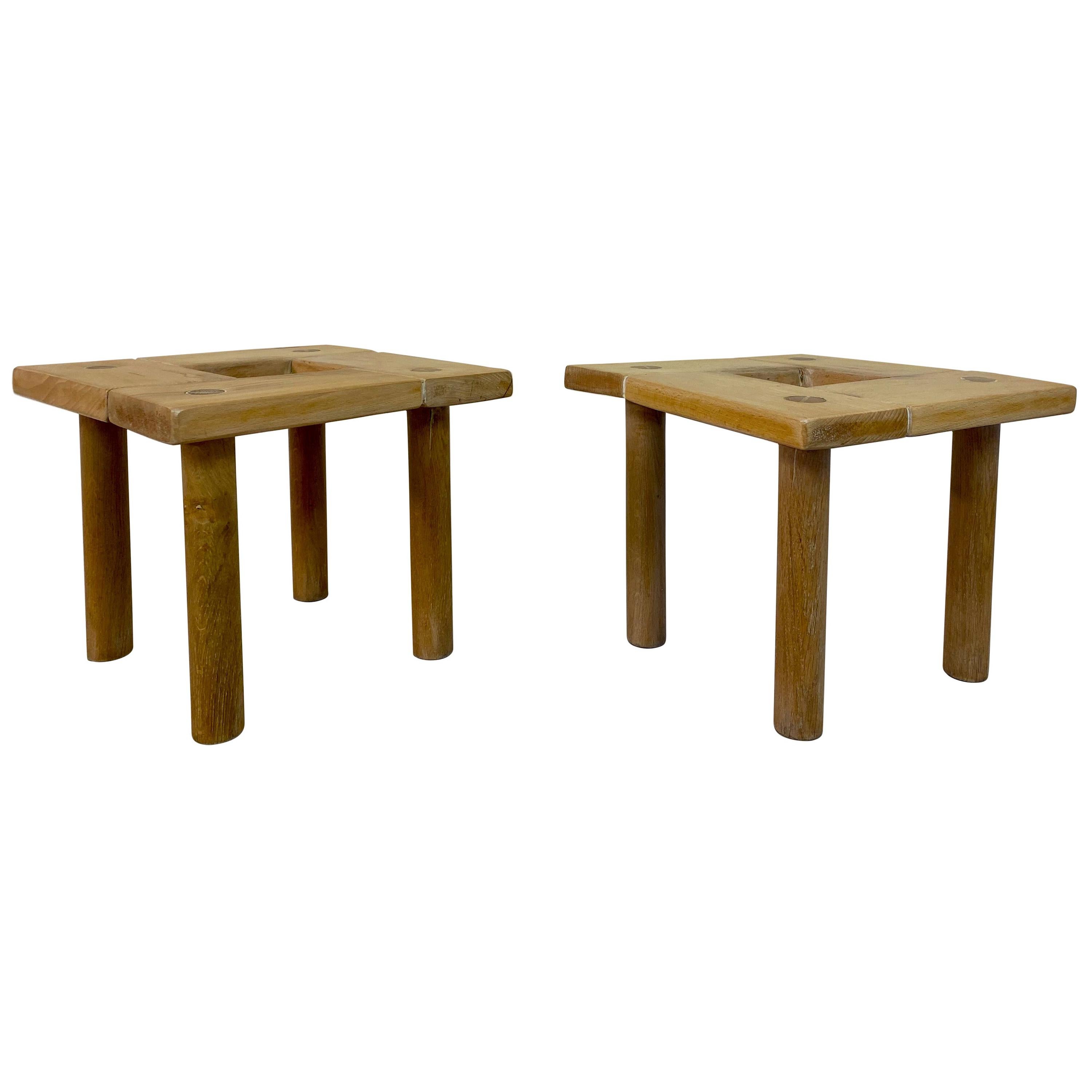 Pair of Small 1970s Beech and Oak Tables or Stools
