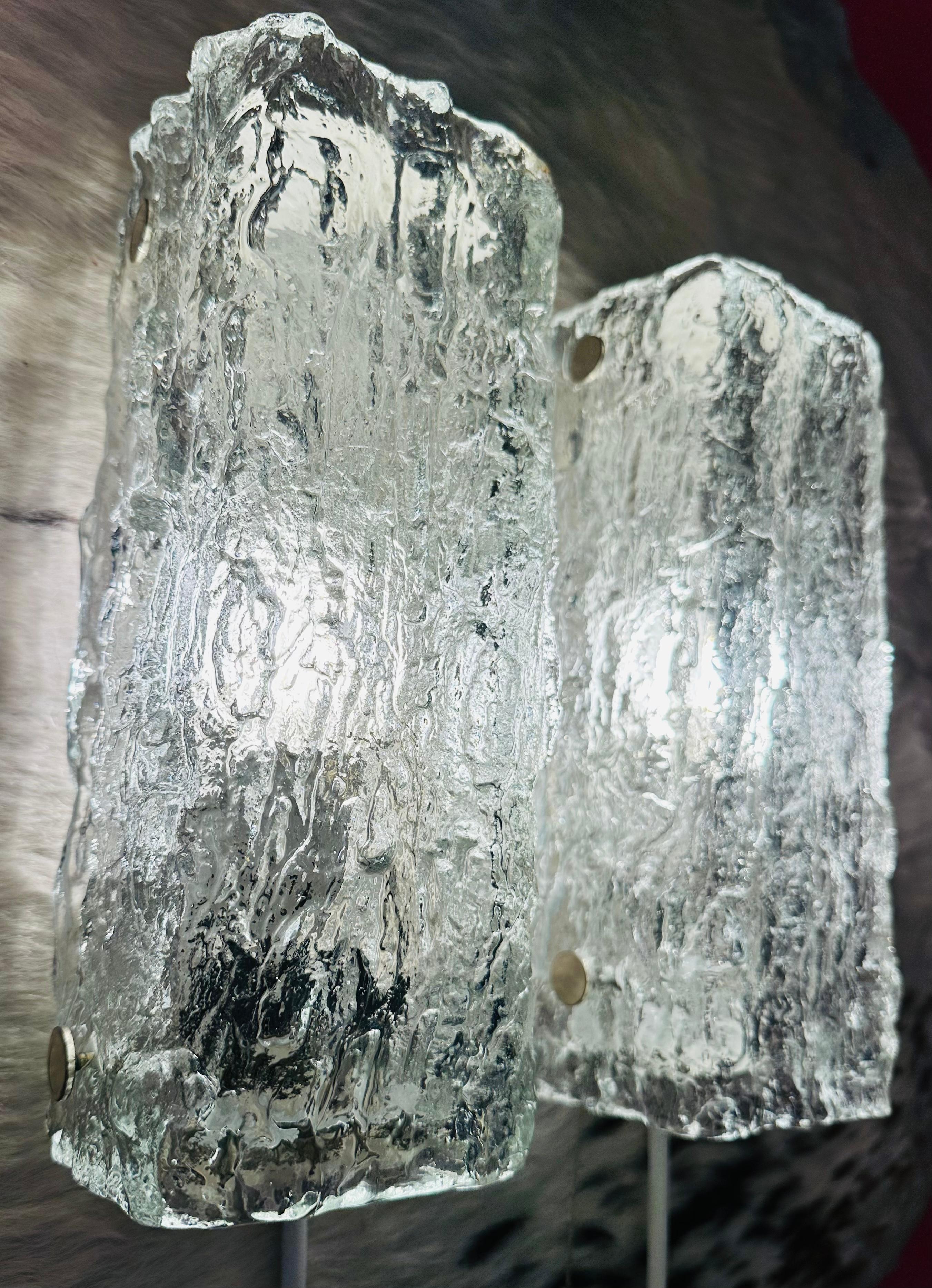 Mid-Century Modern Pair of Small 1970s German Kaiser Leuchten Iced Textured Glass Wall Lights For Sale