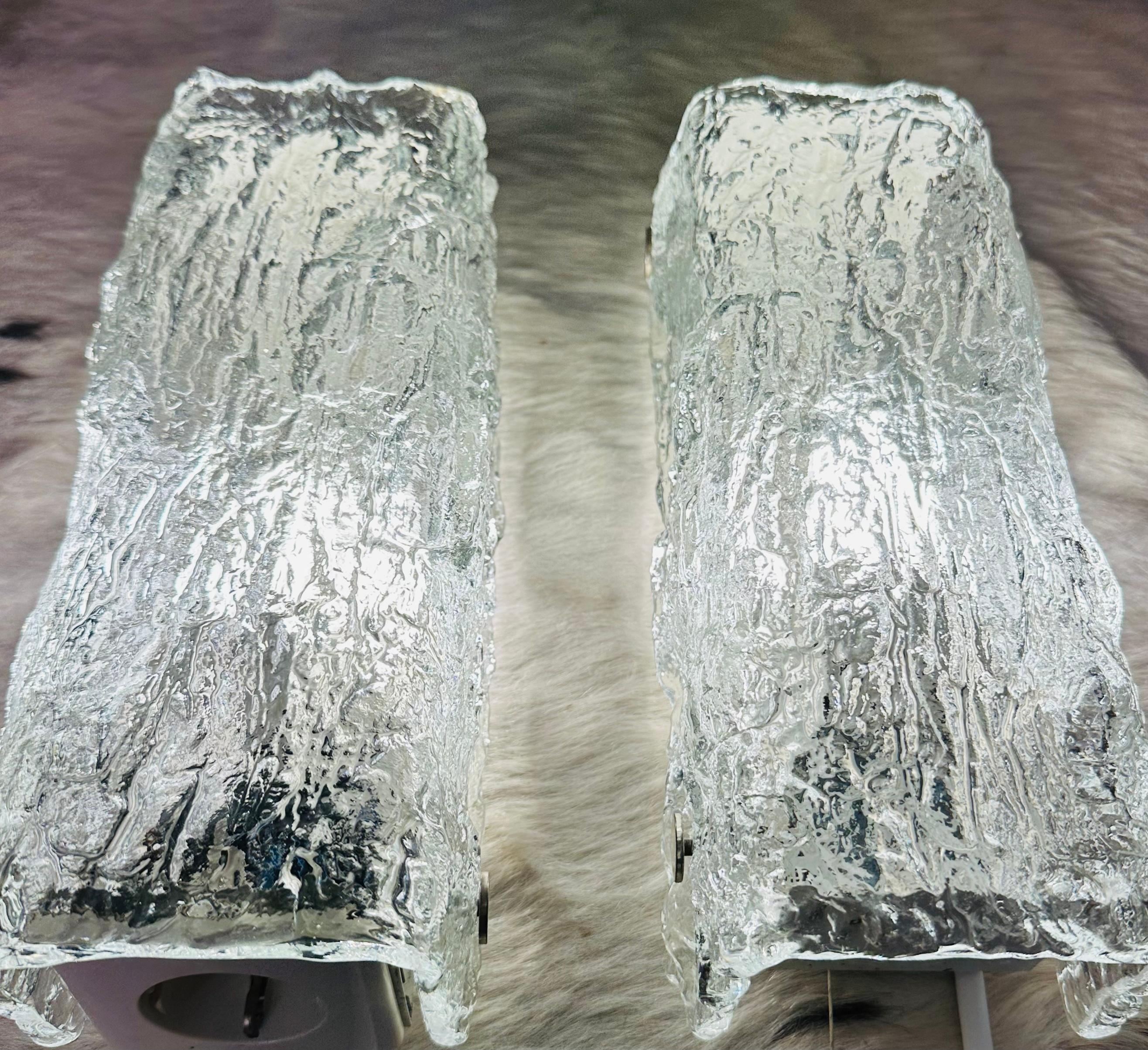 Lacquered Pair of Small 1970s German Kaiser Leuchten Iced Textured Glass Wall Lights For Sale