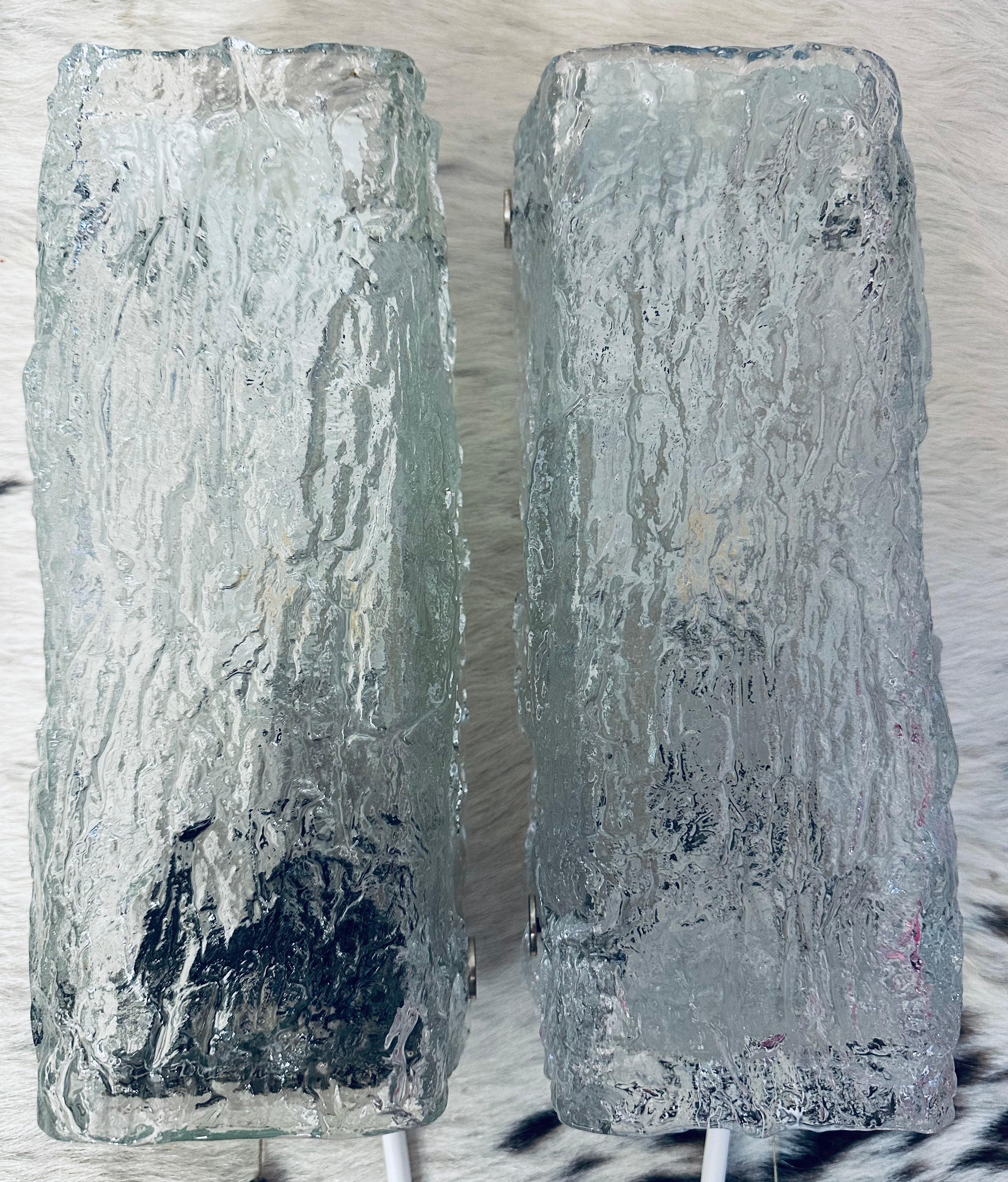 Pair of Small 1970s German Kaiser Leuchten Iced Textured Glass Wall Lights For Sale 2