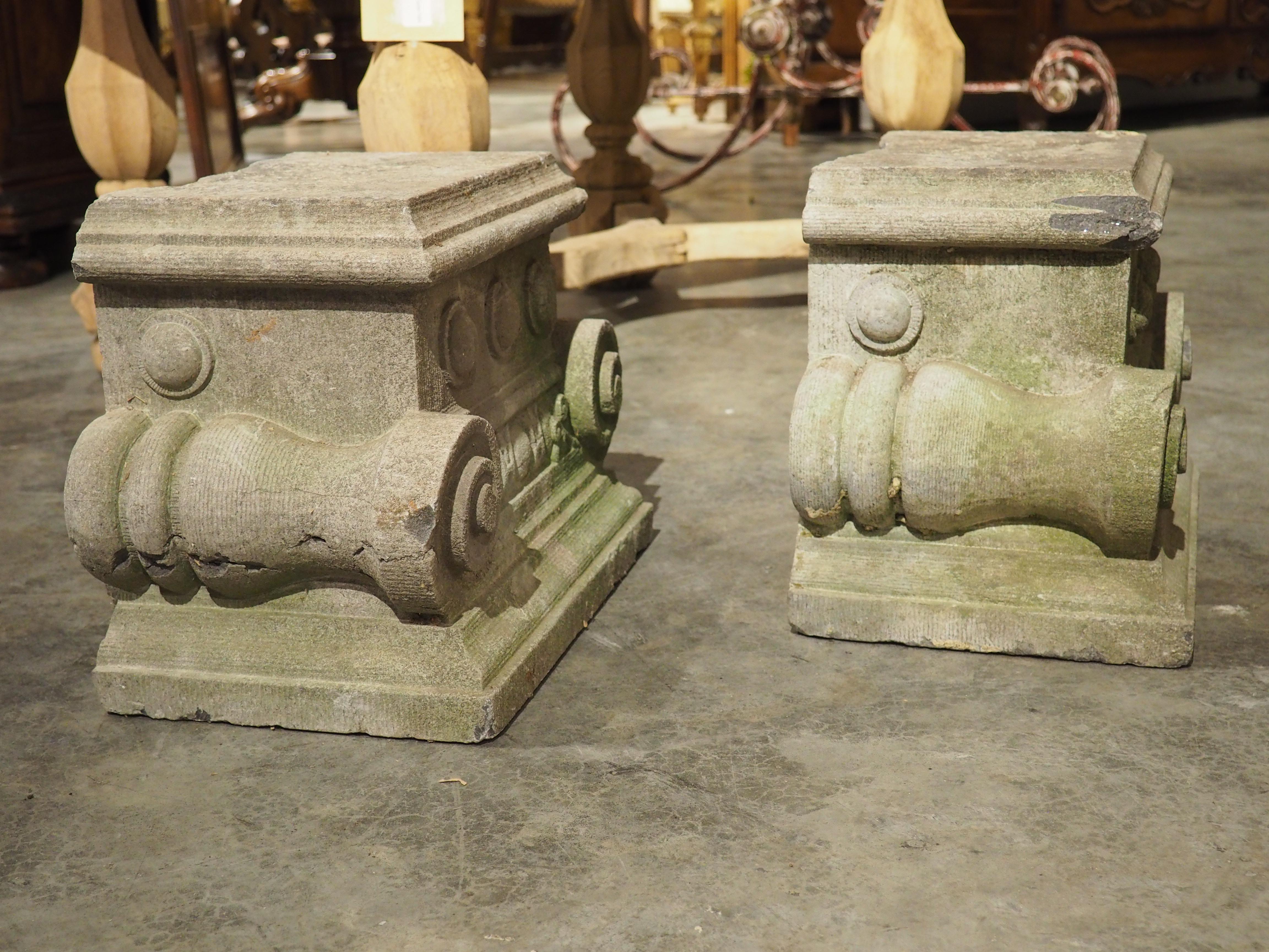 Pair of Small 19th Century Carved Belgian Bluestone Capitals 1