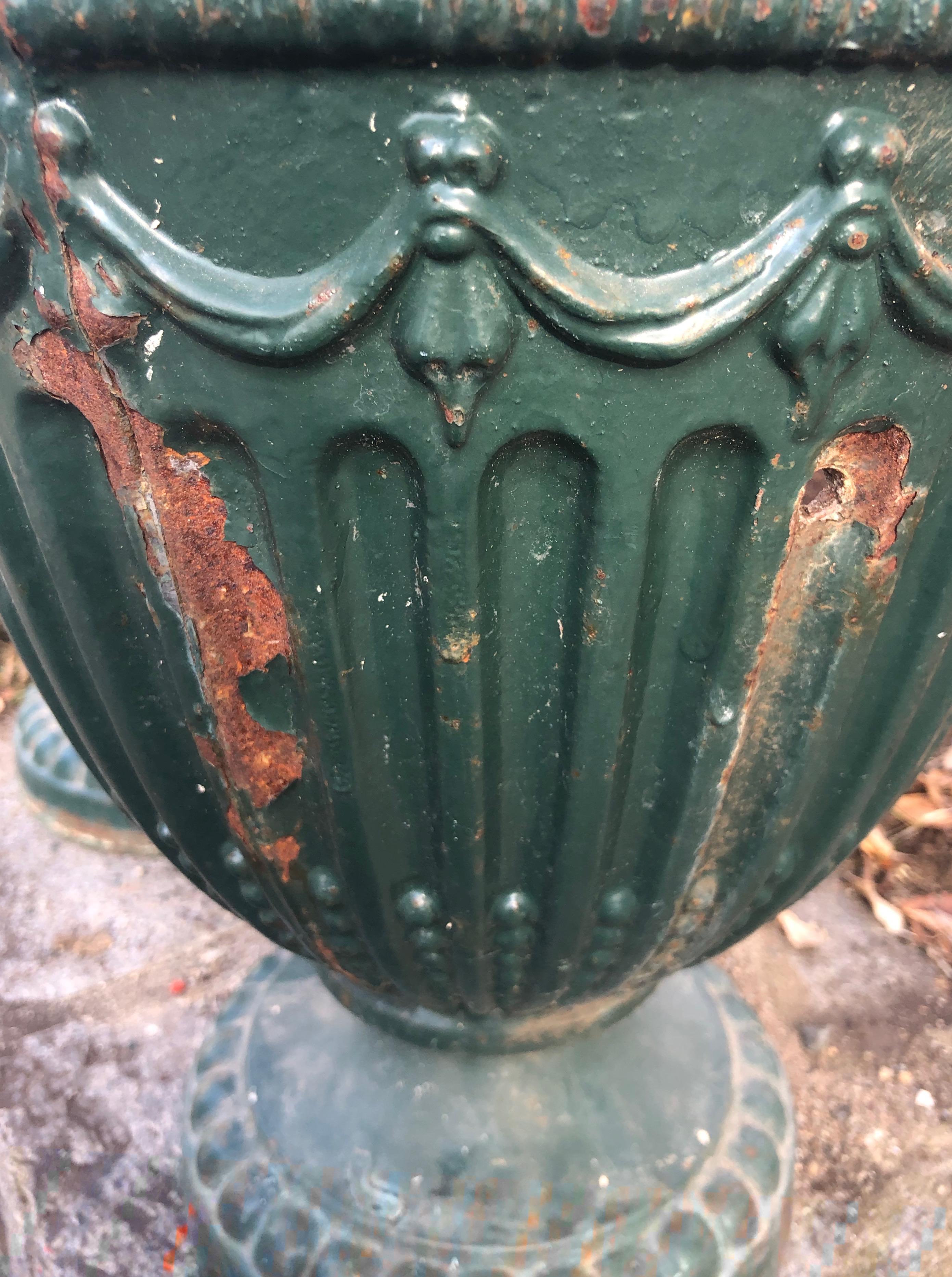 Pair of Small 19th Century Cast Iron Adams Urns in Old Green Paint 5