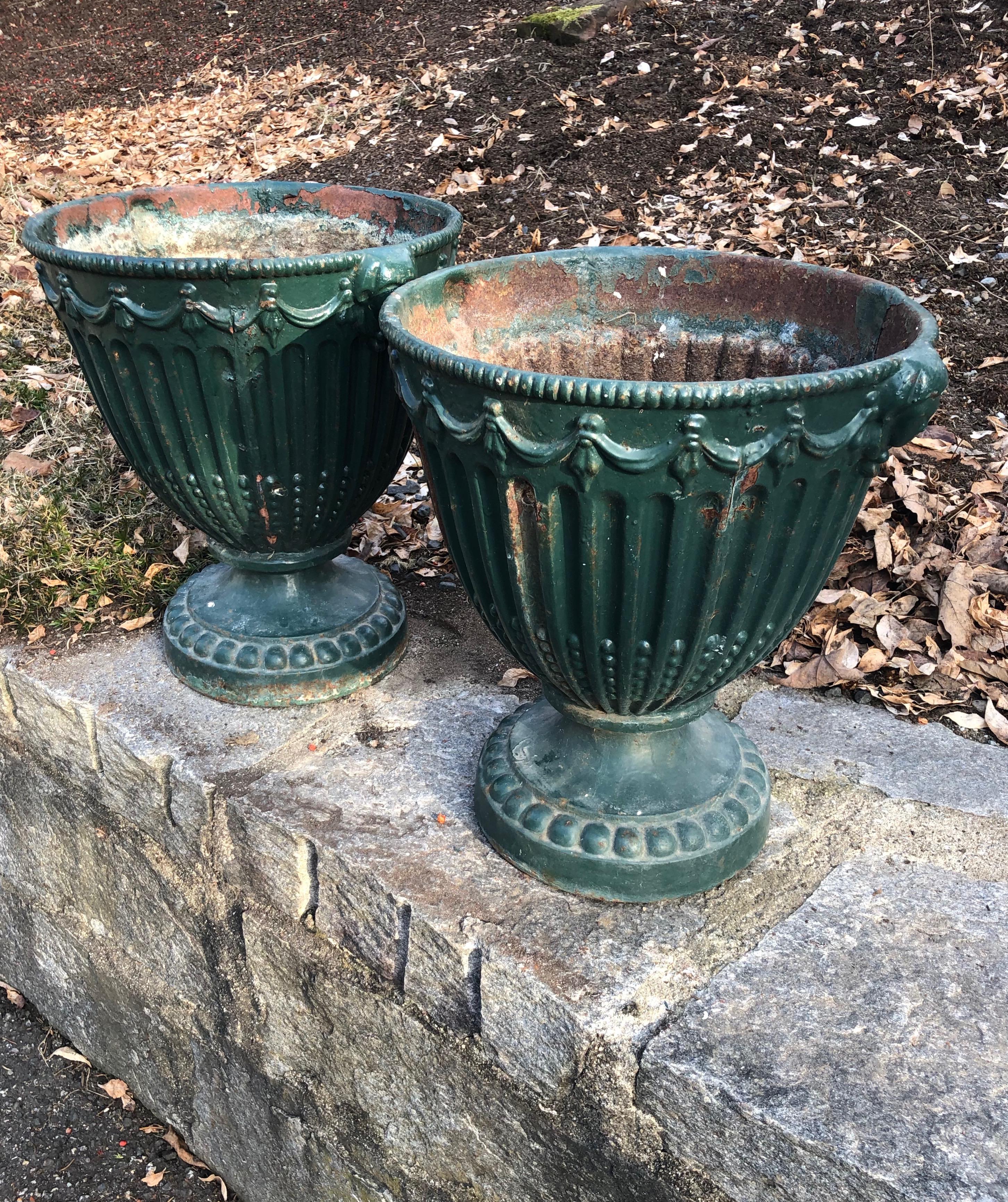 Adam Style Pair of Small 19th Century Cast Iron Adams Urns in Old Green Paint