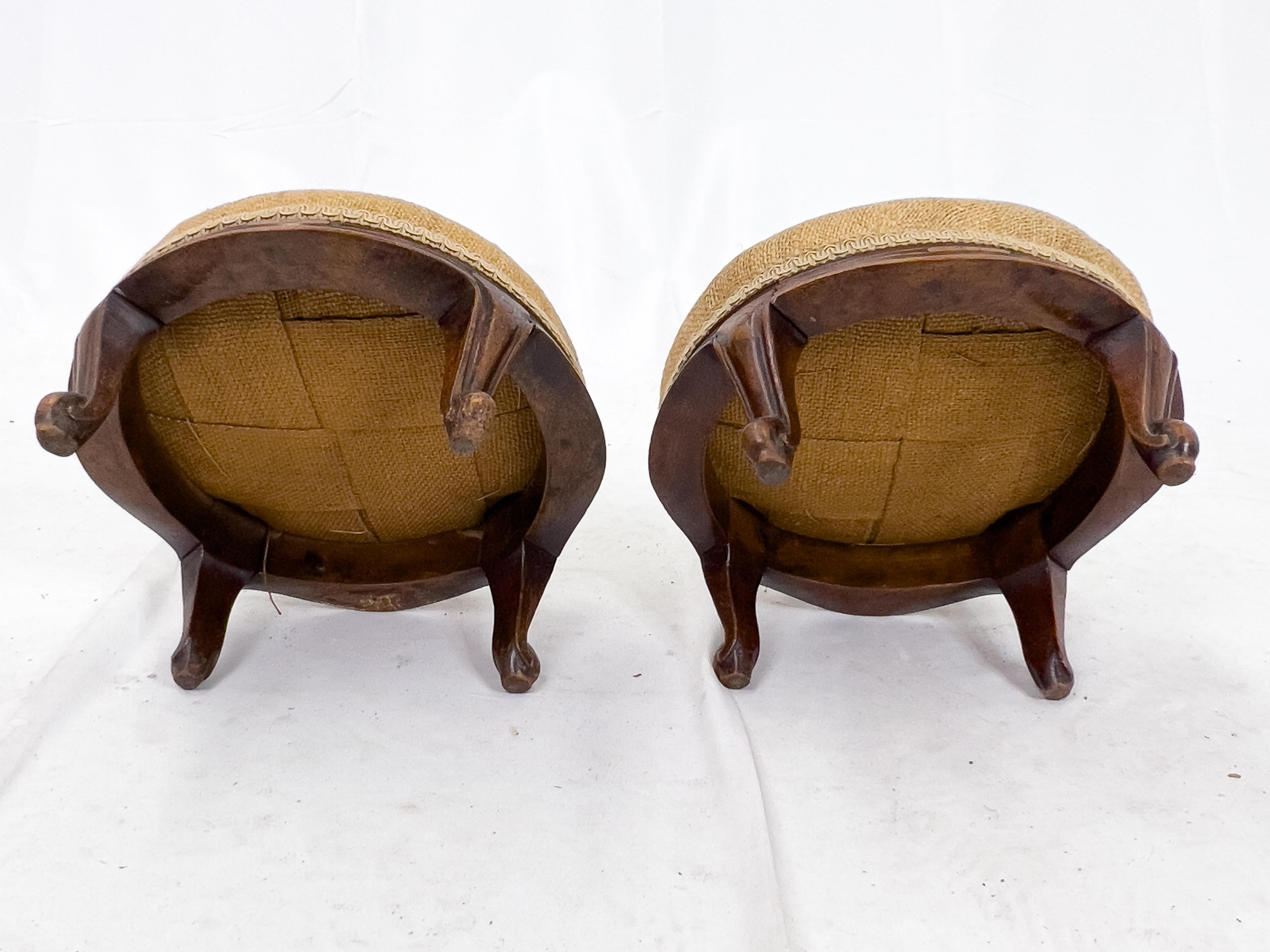 Pair of Small 19th Century Louis XV Style French Walnut and Burlap Foot Stools For Sale 6