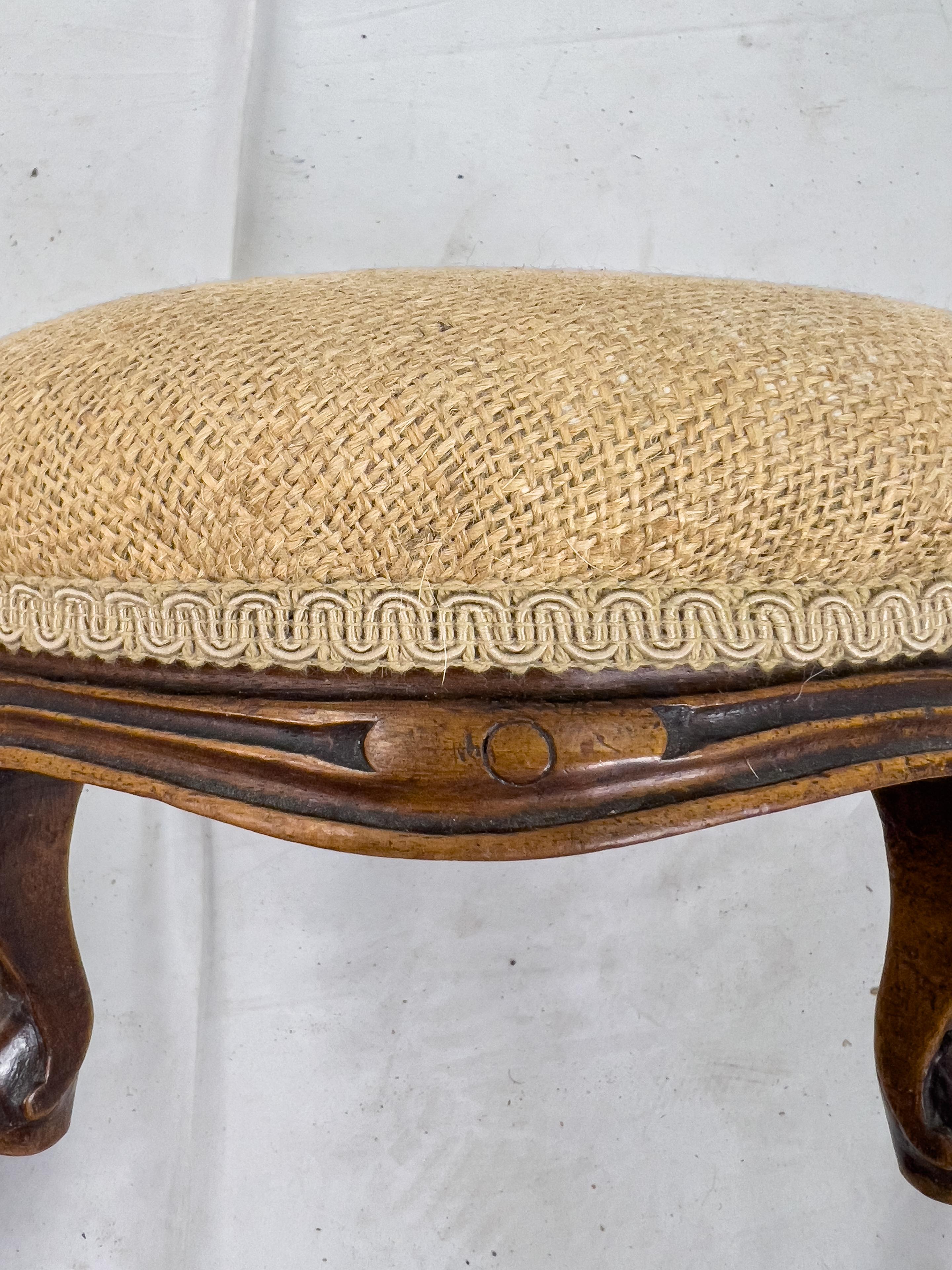 Pair of Small 19th Century Louis XV Style French Walnut and Burlap Foot Stools 7