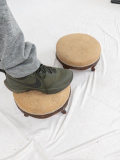 Pair of Small 19th Century Louis XV Style French Walnut and Burlap Foot Stools