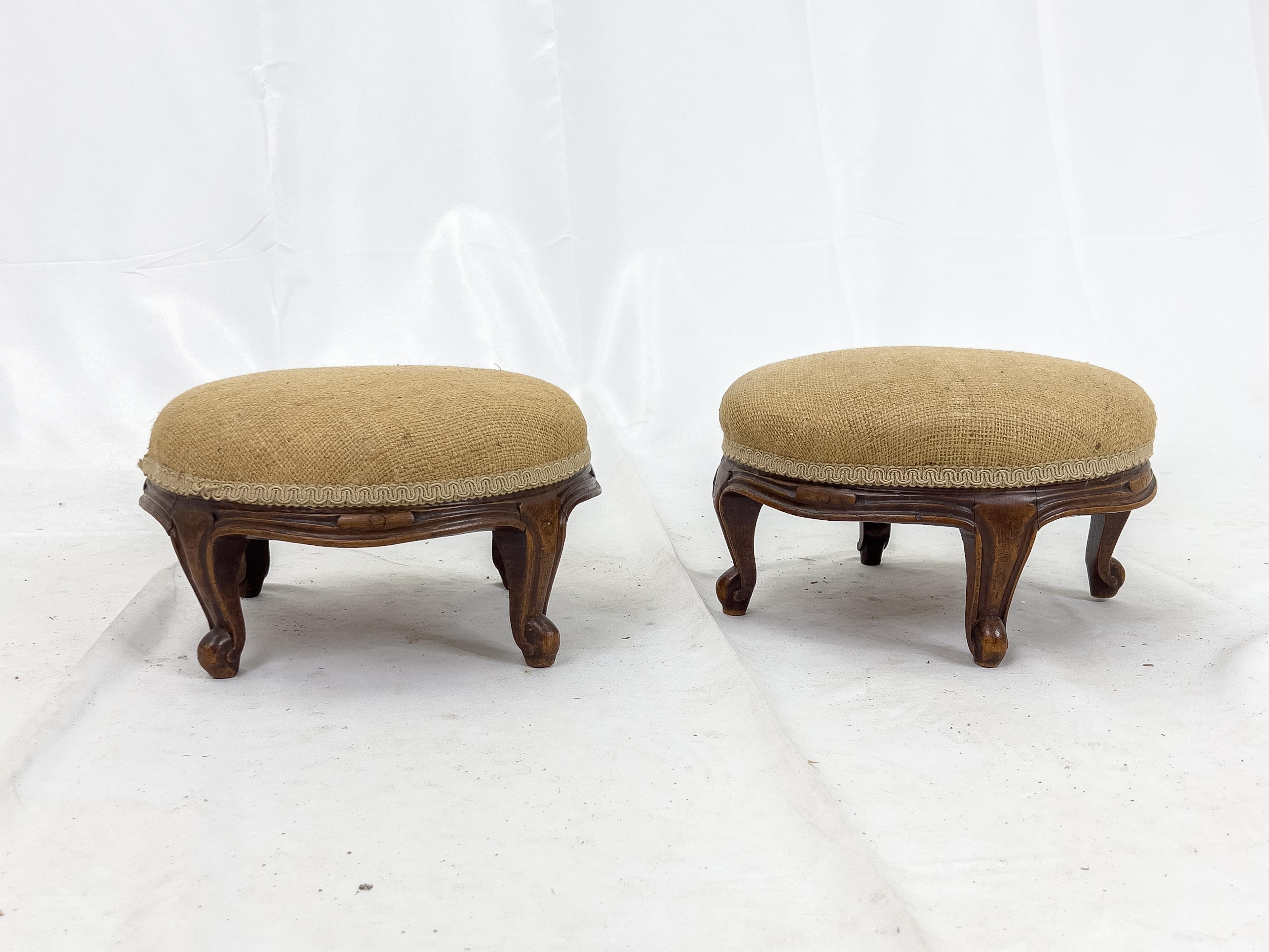 Carved Pair of Small 19th Century Louis XV Style French Walnut and Burlap Foot Stools
