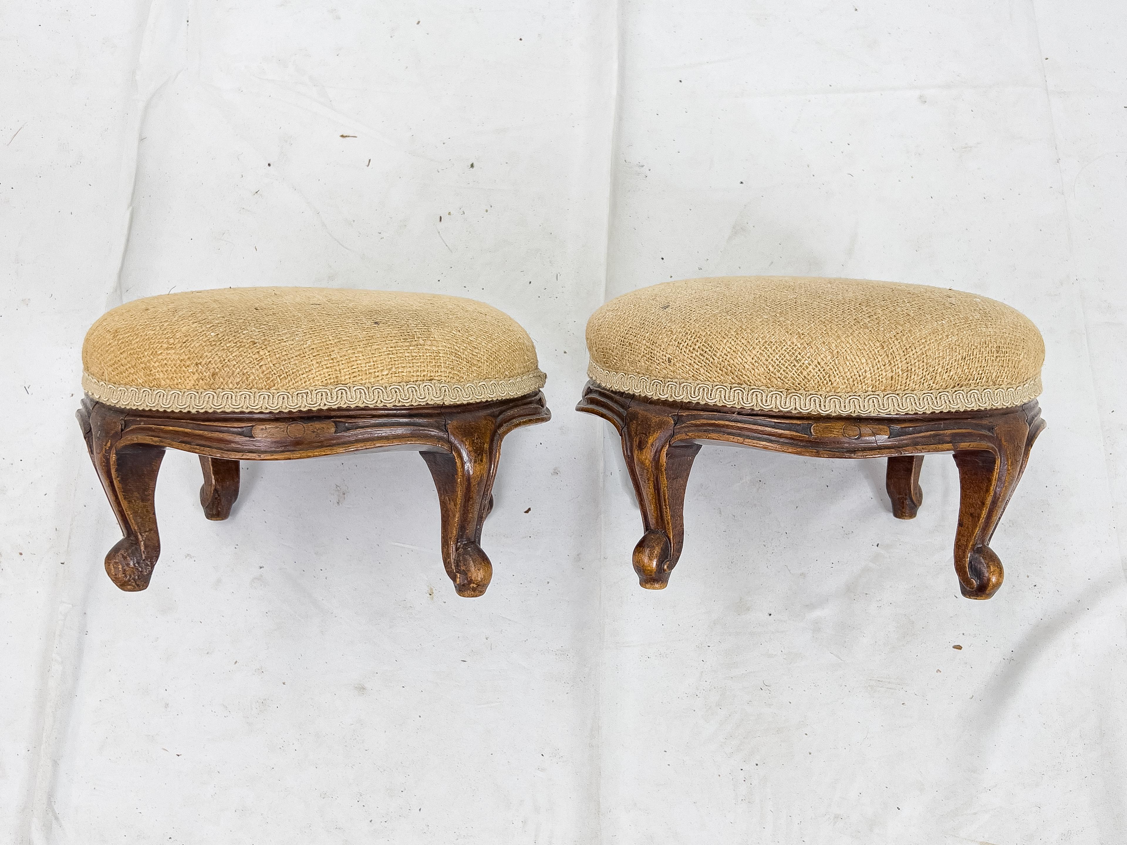 Pair of Small 19th Century Louis XV Style French Walnut and Burlap Foot Stools 3
