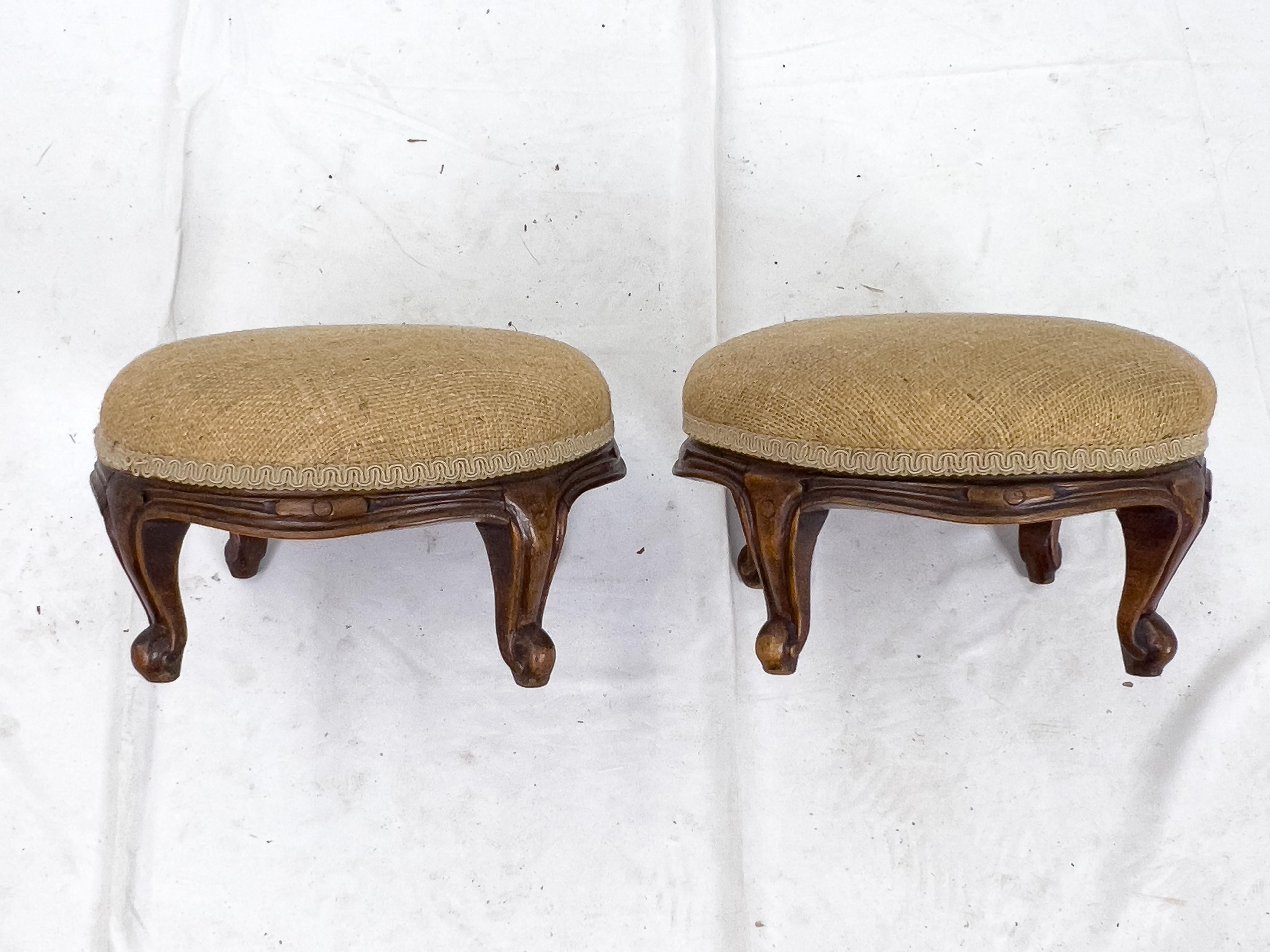 Pair of Small 19th Century Louis XV Style French Walnut and Burlap Foot Stools For Sale 4