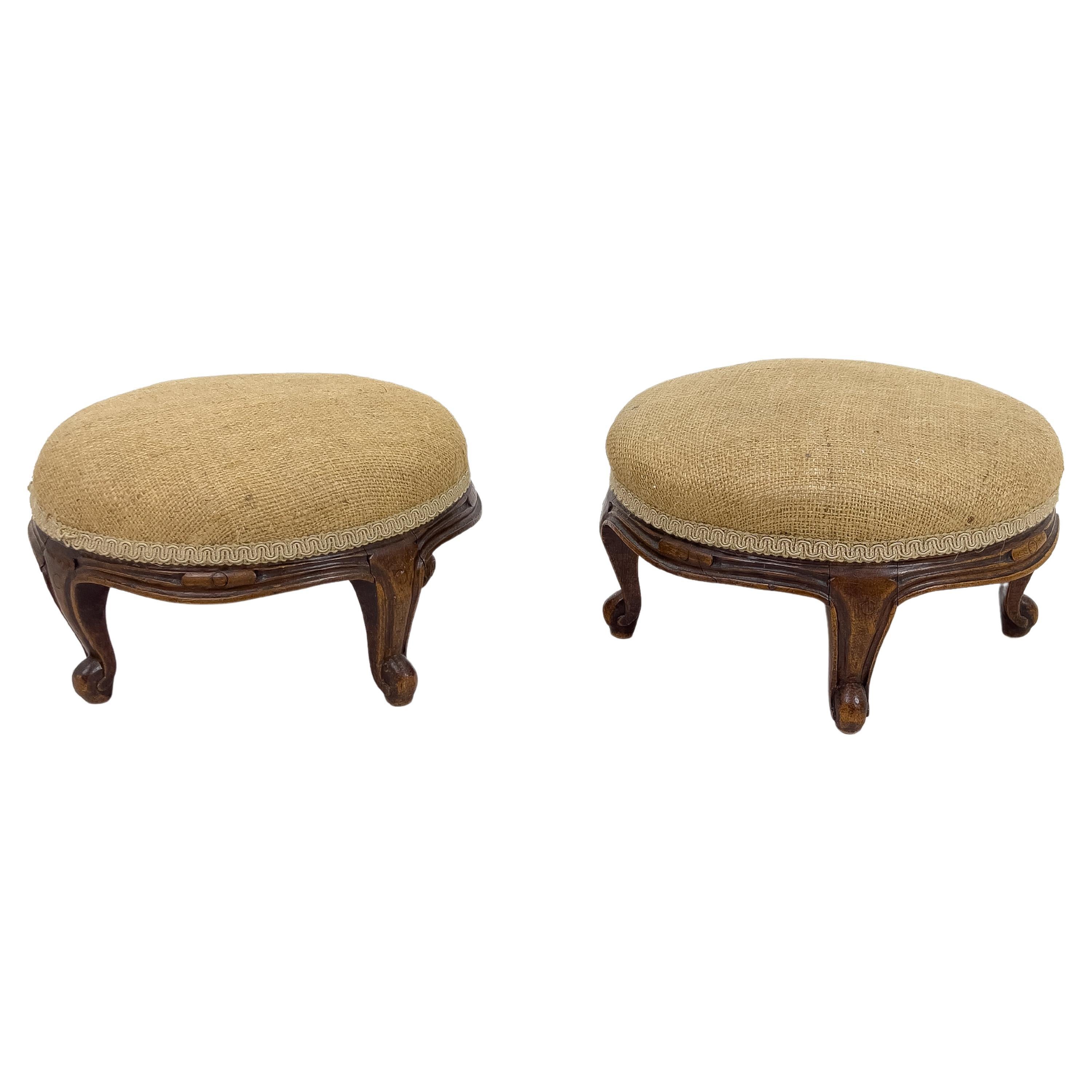 Pair of Small 19th Century Louis XV Style French Walnut and Burlap Foot Stools For Sale
