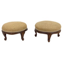 Antique Pair of Small 19th Century Louis XV Style French Walnut and Burlap Foot Stools