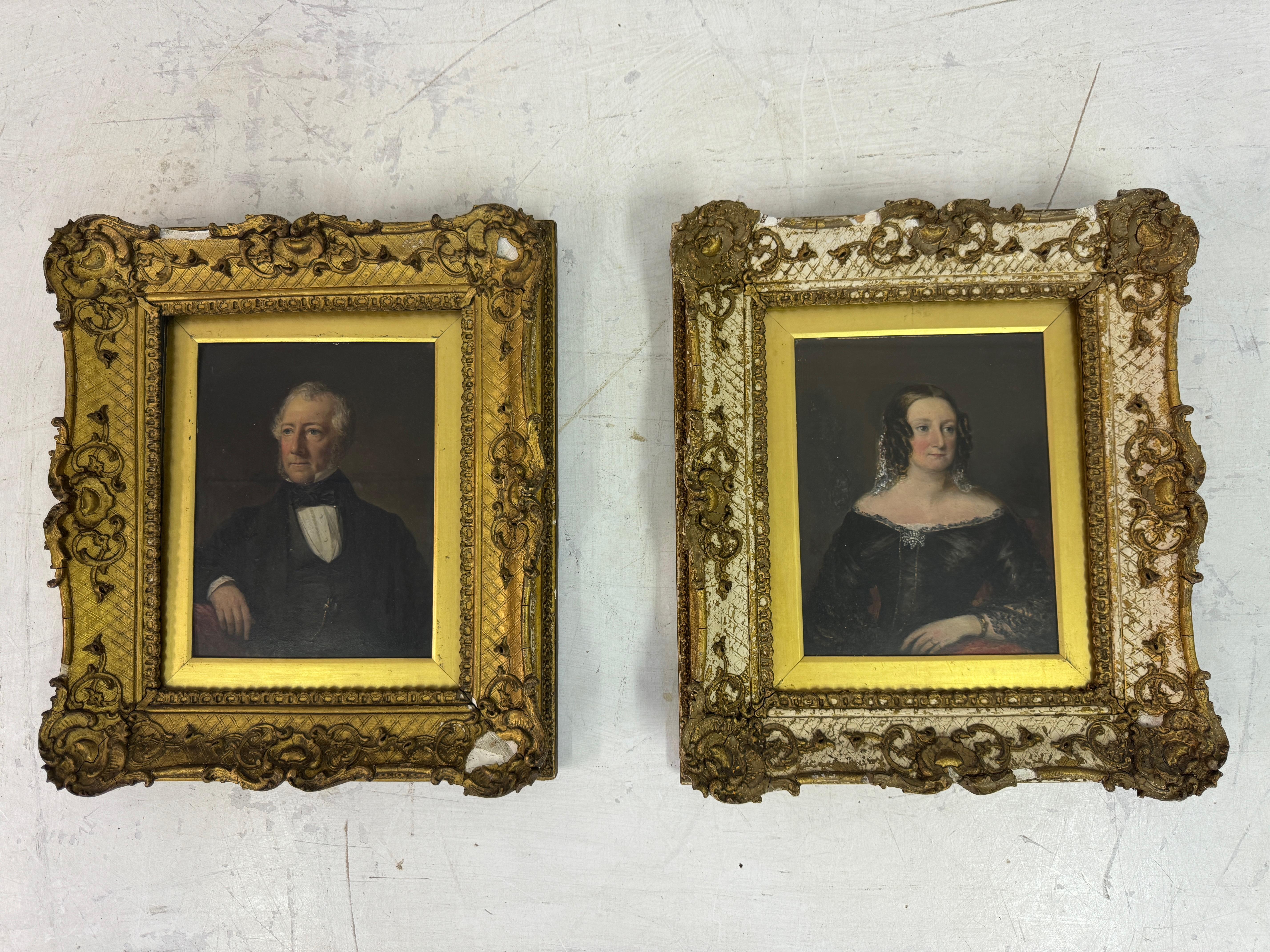 Pair of oil paintings

By James Harwood 1816-1872

On board

Frame dimensions are given. The frame on the right is very slightly larger.

These are a pair of small, oil-on-board portraits depicting a man and a woman. Both portraits are set within