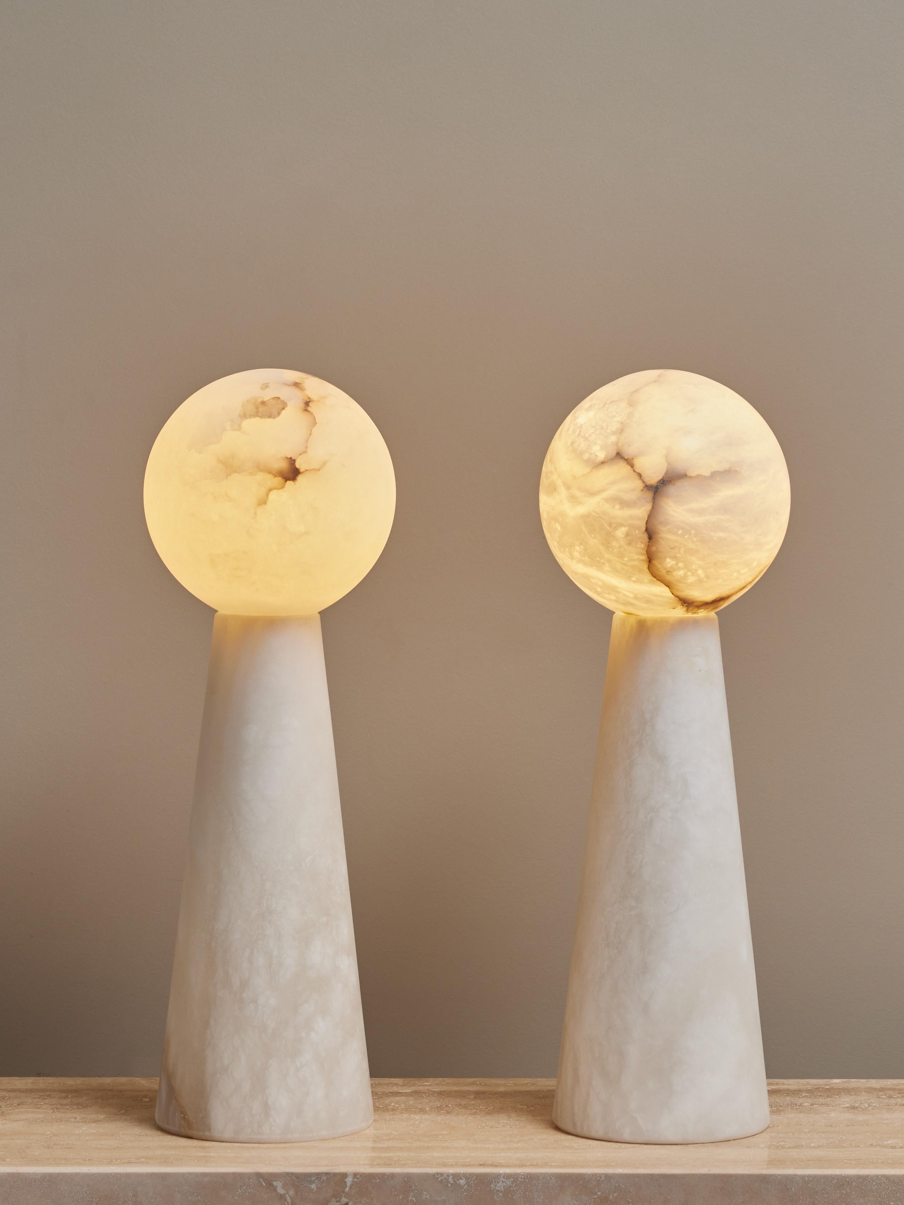 Modern Pair of Small Alabaster Conical Table Lamps with Globes For Sale