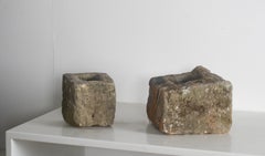 Pair of Small Antique Carved Stone Cube Planters  Organic Wabi Sabi Bonsai Pots