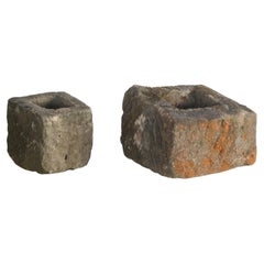 Pair of Small Antique Carved Stone Cube Planters  Organic Wabi Sabi Bonsai Pots