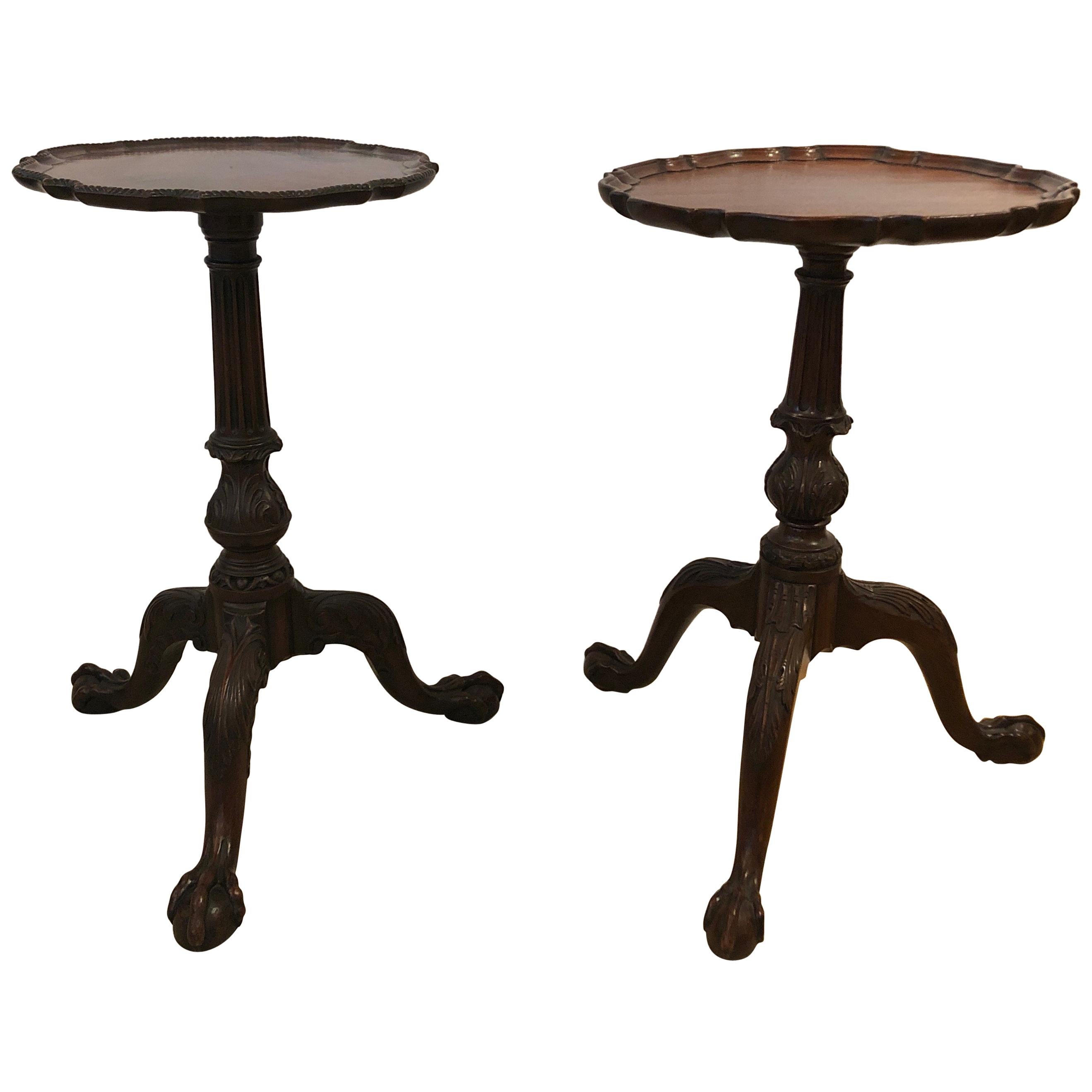 Pair of Small Antique Chippendale Style Round Mahogany End Side Drinks Tables