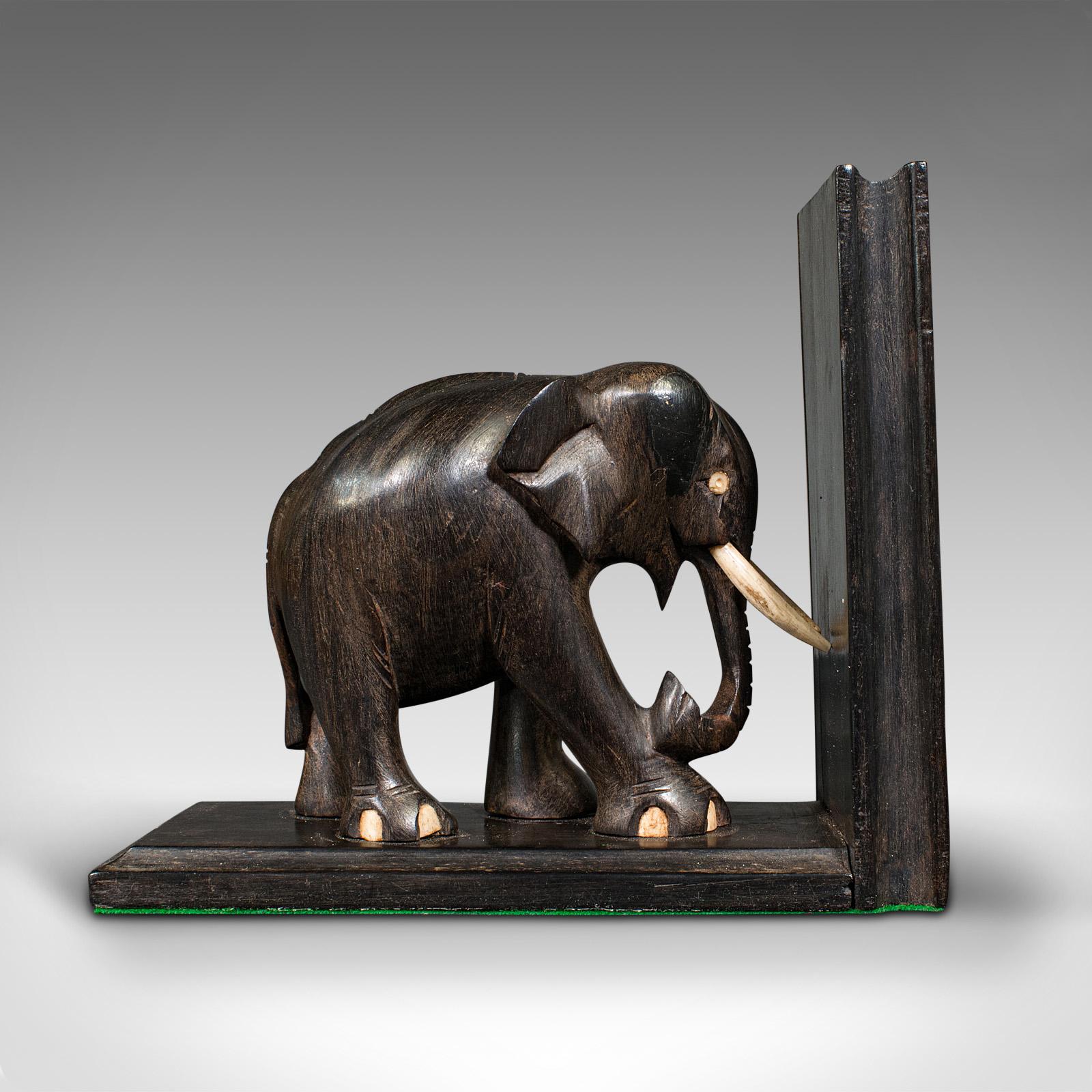 Pair of Small Antique Elephant Bookends, Anglo Indian, Ebony, Victorian, C.1890 In Good Condition For Sale In Hele, Devon, GB