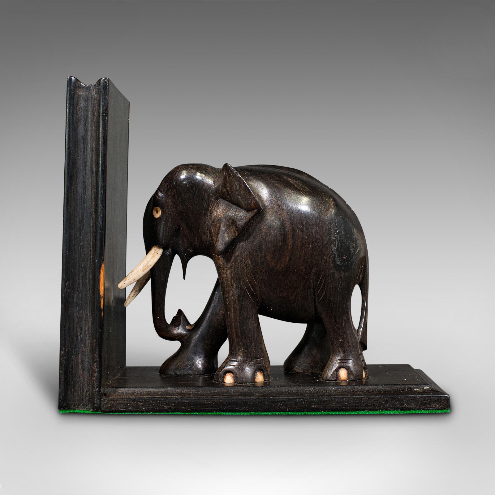 British Pair of Small Antique Elephant Bookends, Anglo Indian, Ebony, Victorian, C.1890 For Sale