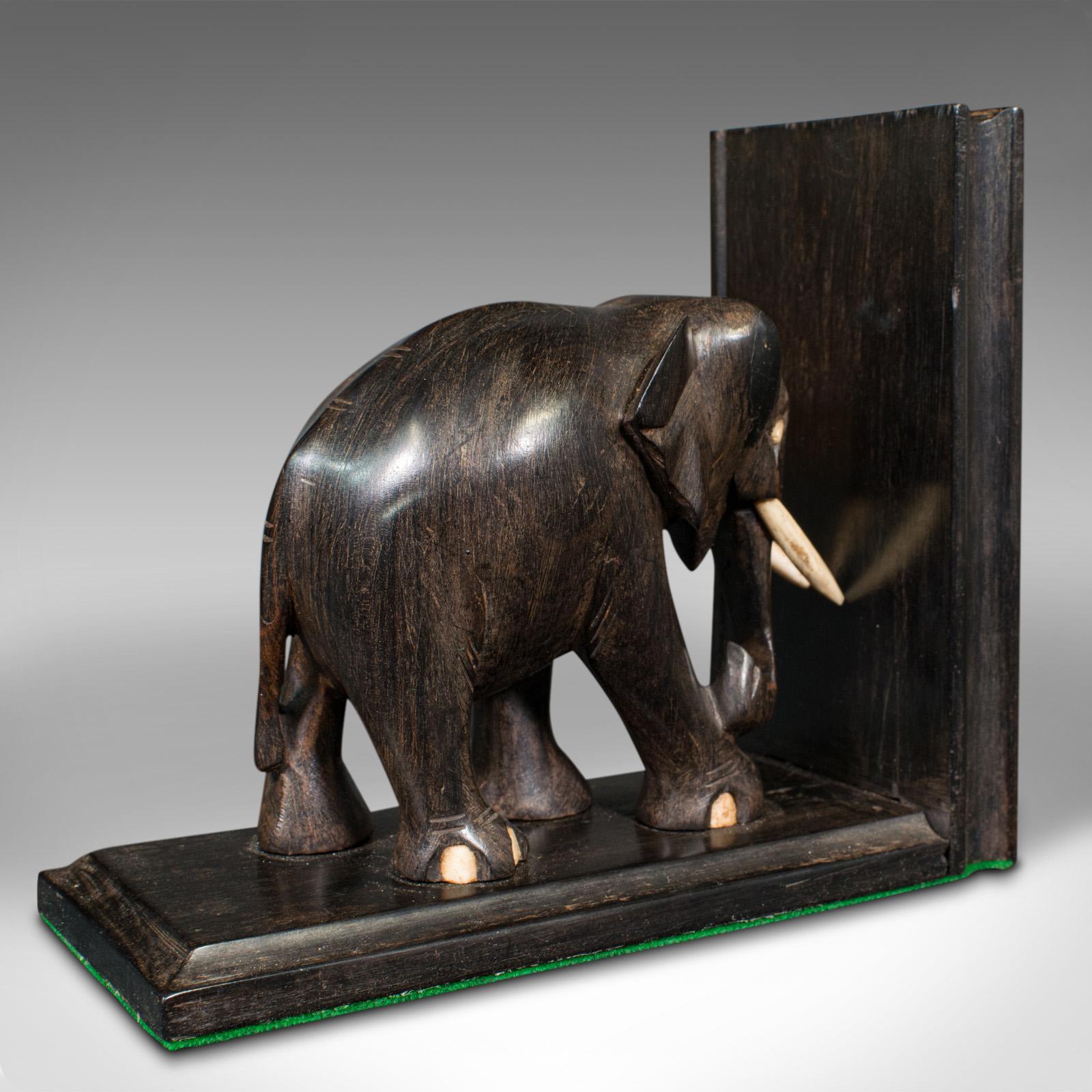 19th Century Pair of Small Antique Elephant Bookends, Anglo Indian, Ebony, Victorian, C.1890 For Sale