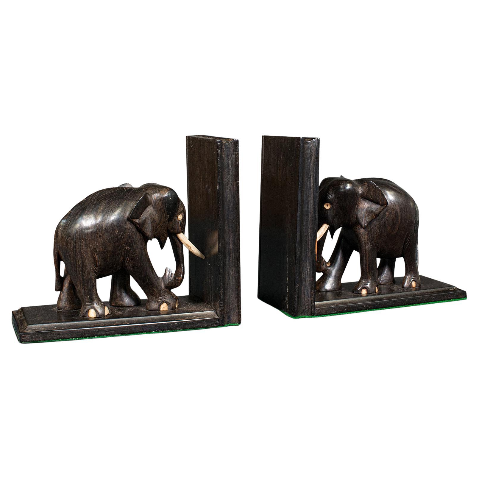 Pair of Small Antique Elephant Bookends, Anglo Indian, Ebony, Victorian, C.1890