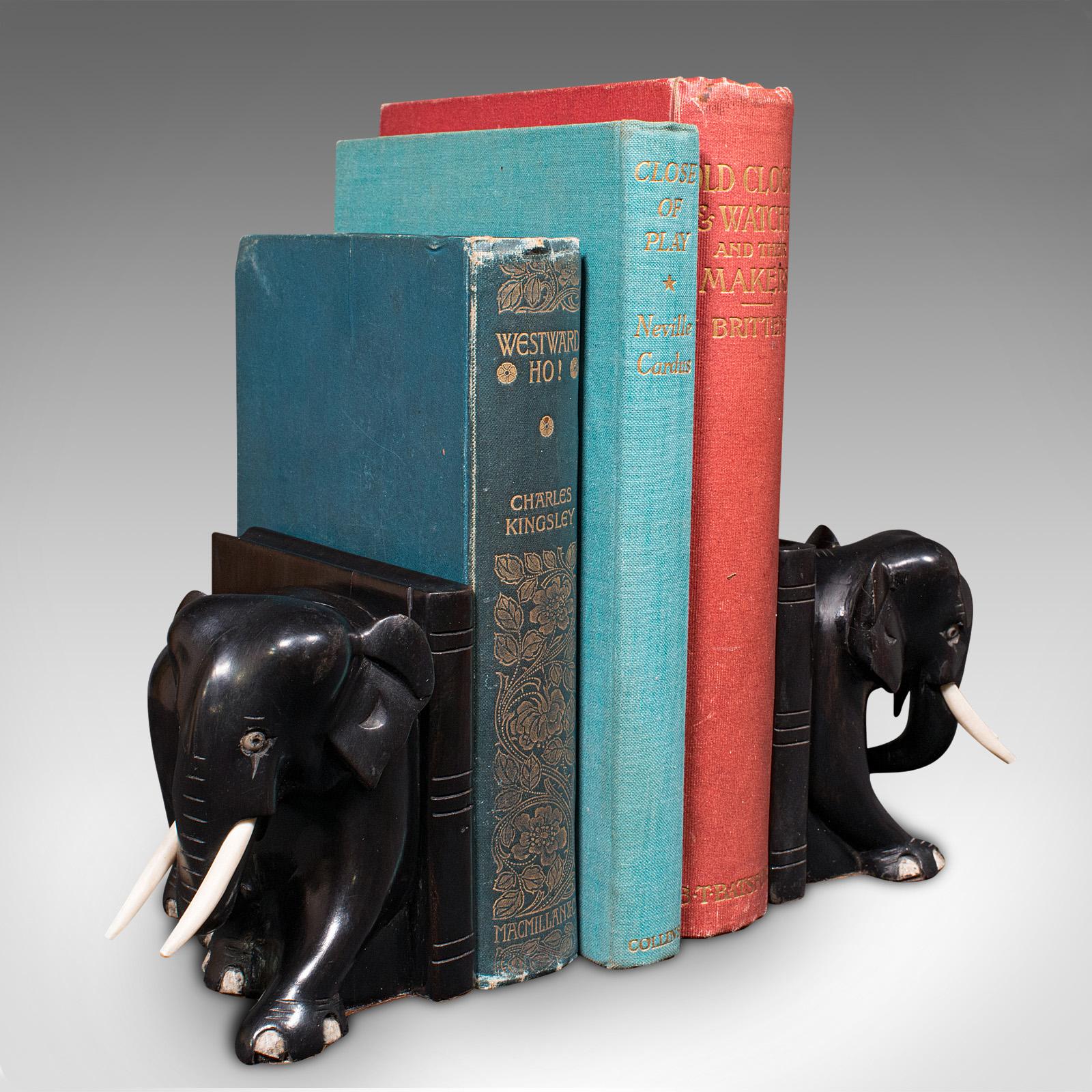 Pair of Small Antique Elephant Bookends, Indian, Ebony, Novel Rest, Victorian 3