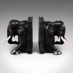Pair of Small Antique Elephant Bookends, Indian, Ebony, Novel Rest, Victorian