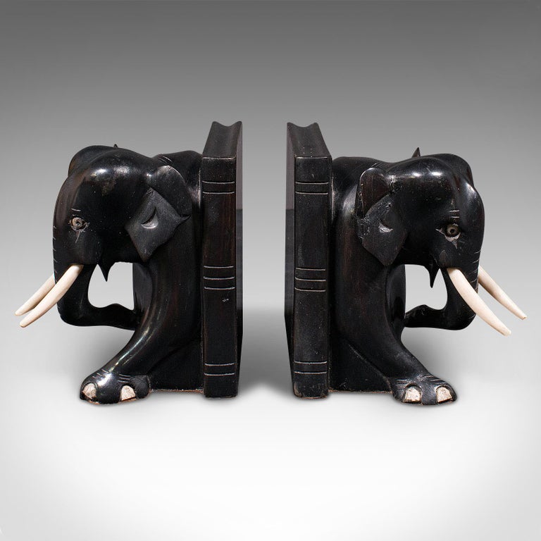 Pair Of Small Antique Elephant Bookends, Indian, Ebony, Novel Rest