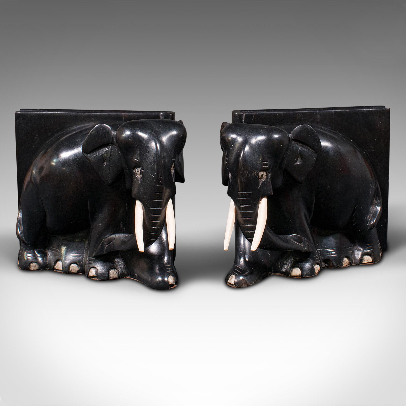 British Colonial Pair of Small Antique Elephant Bookends, Indian, Ebony, Novel Rest, Victorian