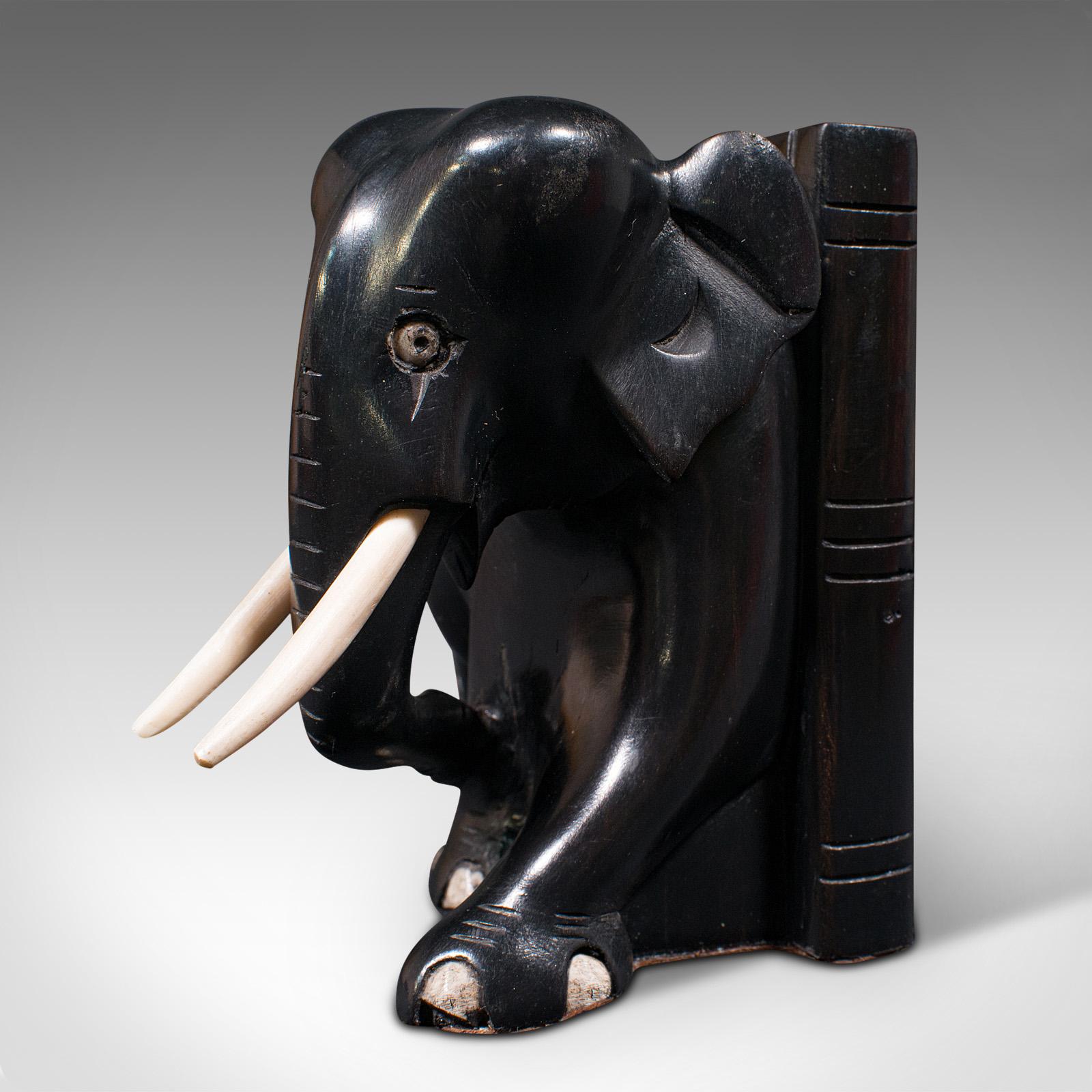 19th Century Pair of Small Antique Elephant Bookends, Indian, Ebony, Novel Rest, Victorian