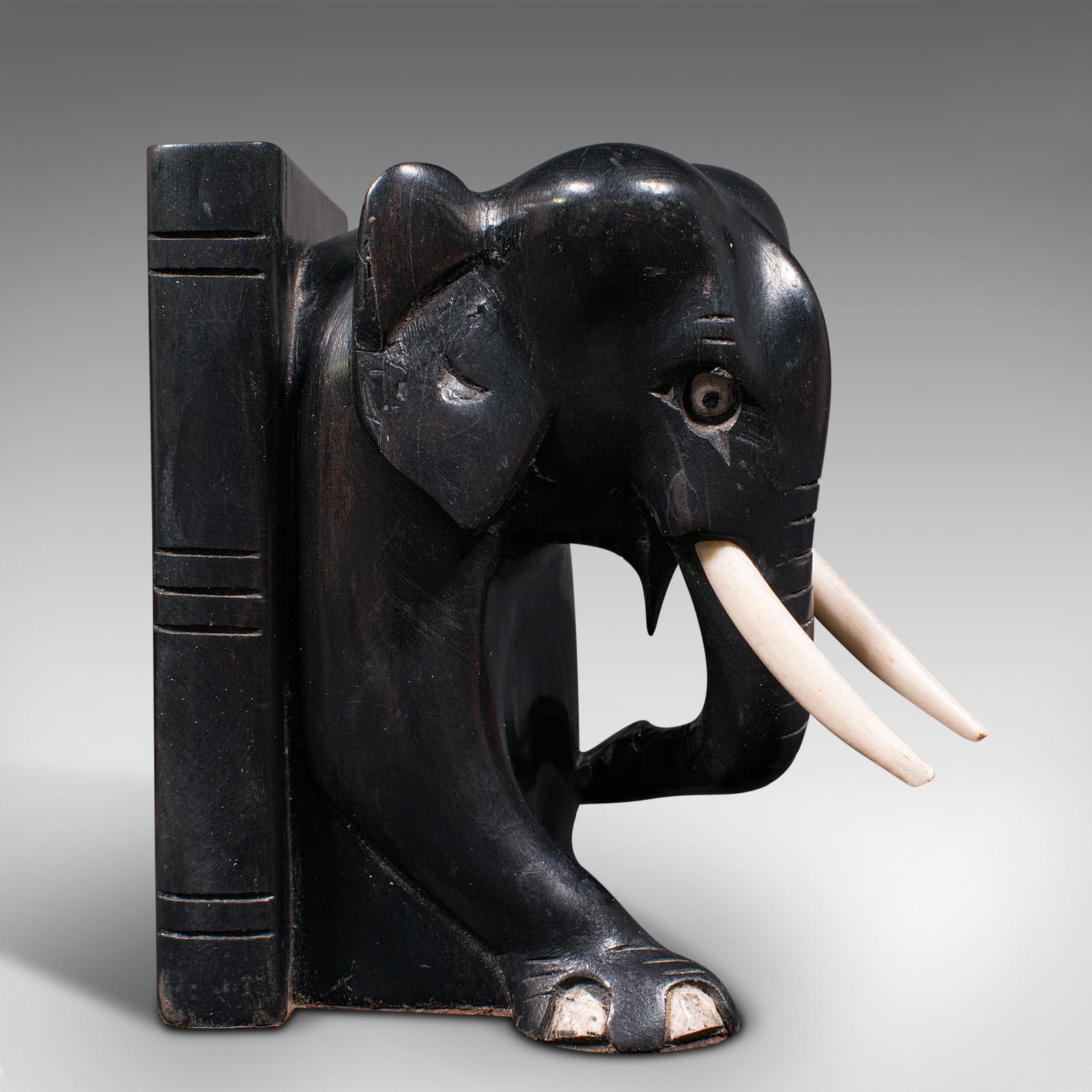 Bone Pair of Small Antique Elephant Bookends, Indian, Ebony, Novel Rest, Victorian