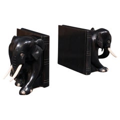 Pair of Small Antique Elephant Bookends, Indian, Ebony, Novel Rest, Victorian