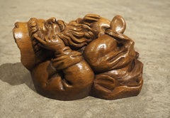 Pair of Small Antique French Medieval Style Figures in Carved Walnut, C. 1880