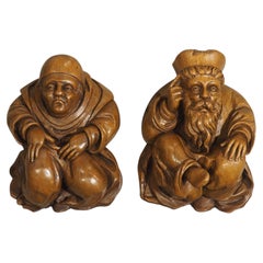 Pair of Small Antique French Medieval Style Figures in Carved Walnut, C. 1880